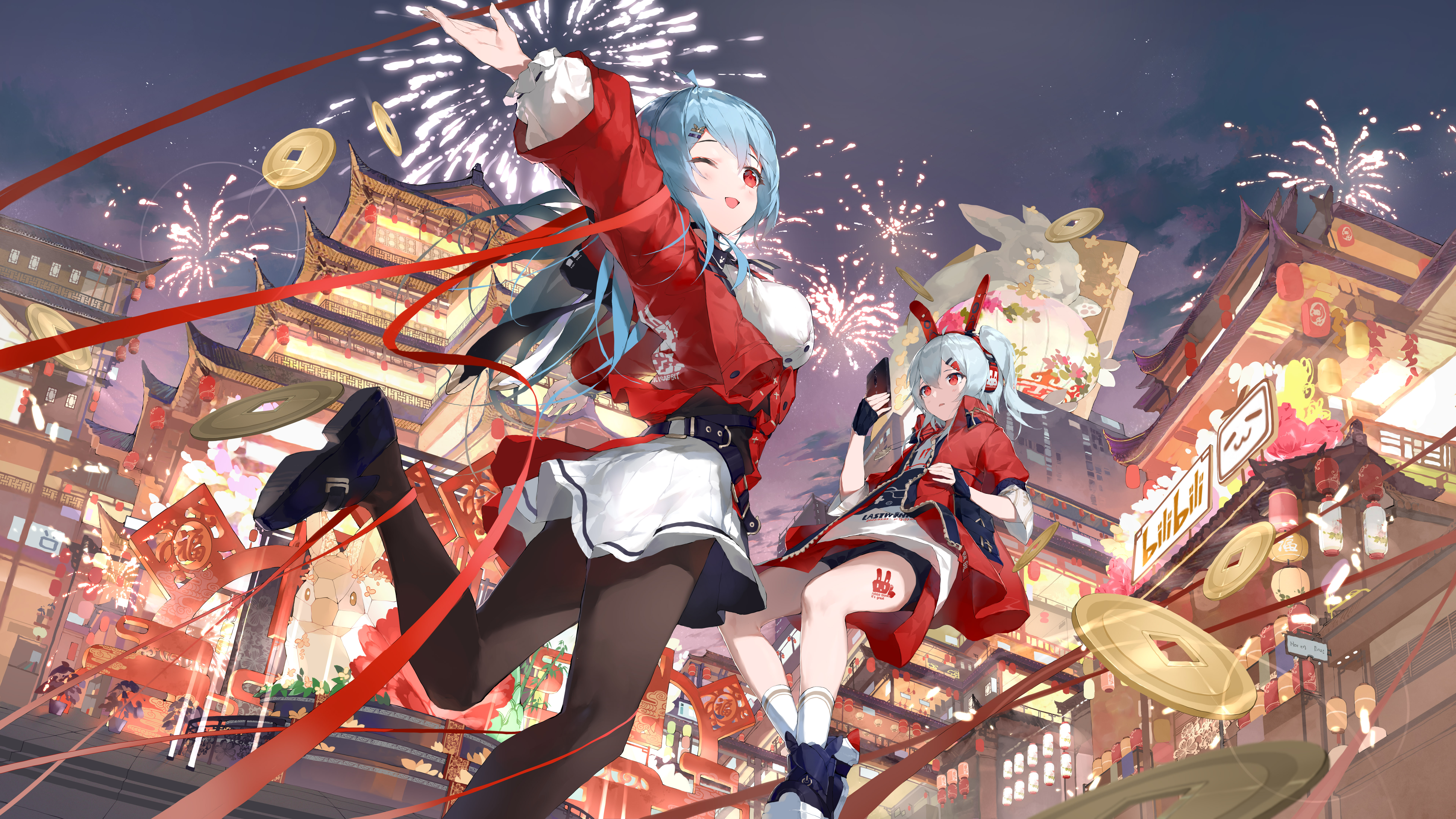 绝美女孩 动漫 少女 烟花 电话 城市 灯光 新年 年 2233娘 22娘 33娘 无水印壁纸 7680×4320