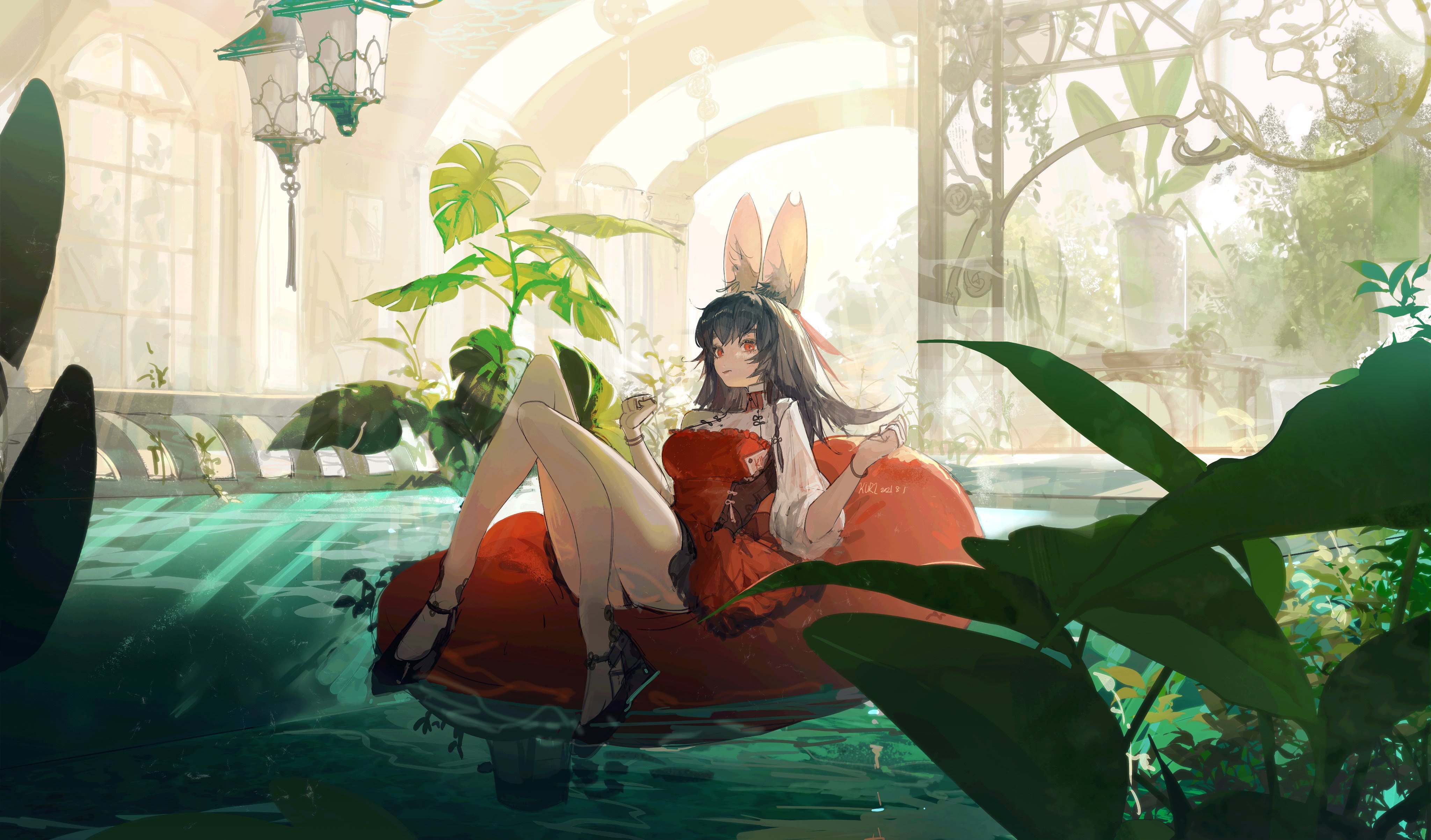 唯美原创 人物 栗色 橙色眼睛 动漫 女孩 兽耳 黑发 连衣裙 泳池 泳泳圈 兔耳 无水印壁纸 4096×2406
