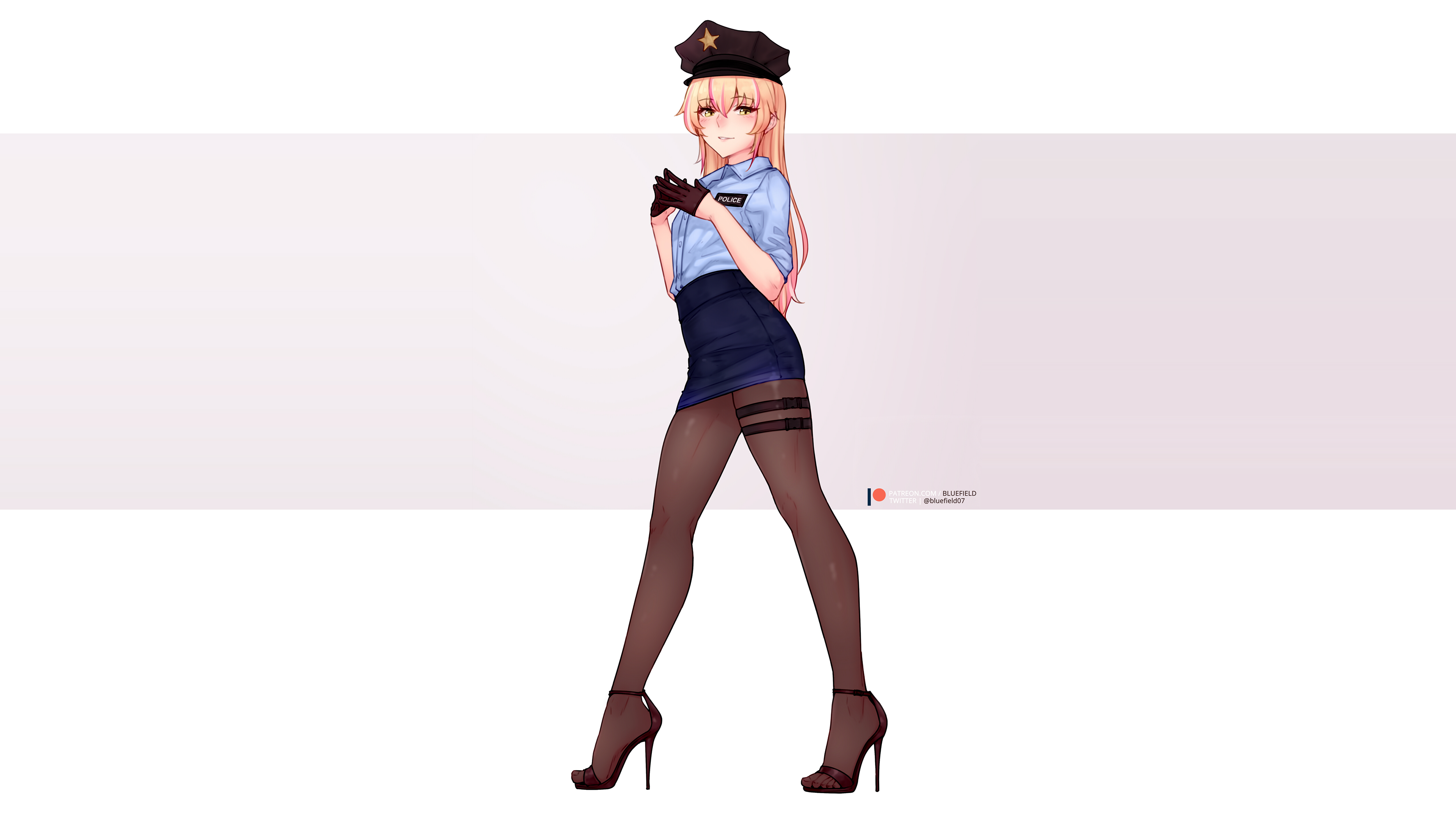 超清蓝田 原创 人物 动漫 男孩 女孩 警察 警服 迷你裙 裤袜 黄眼睛 壁纸 3840×2160