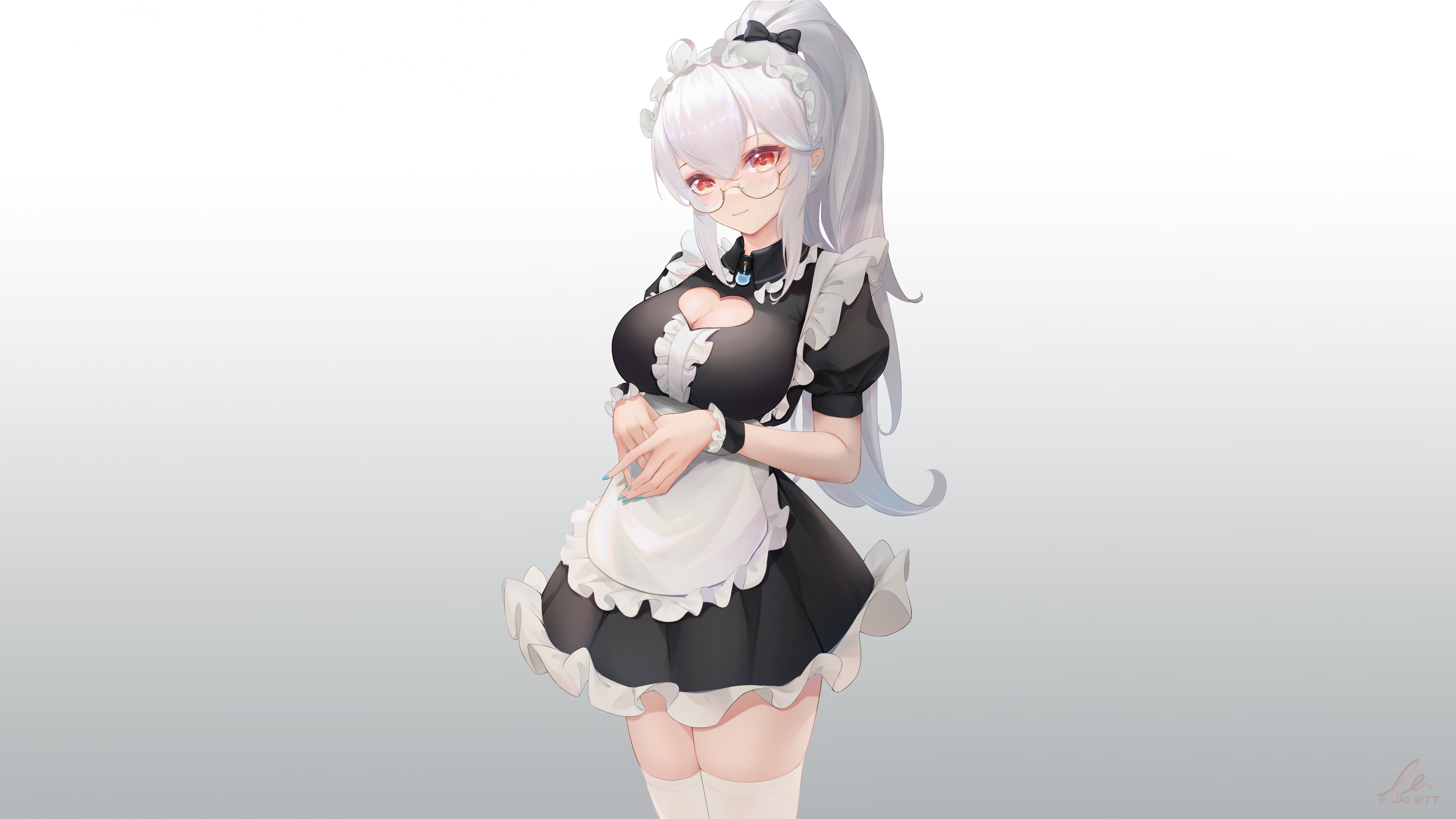 原创 人物 长发 马尾辫 红眼睛 白发 大腿 女仆 简单背景 女佣 服装 手机壁纸 4421×2487