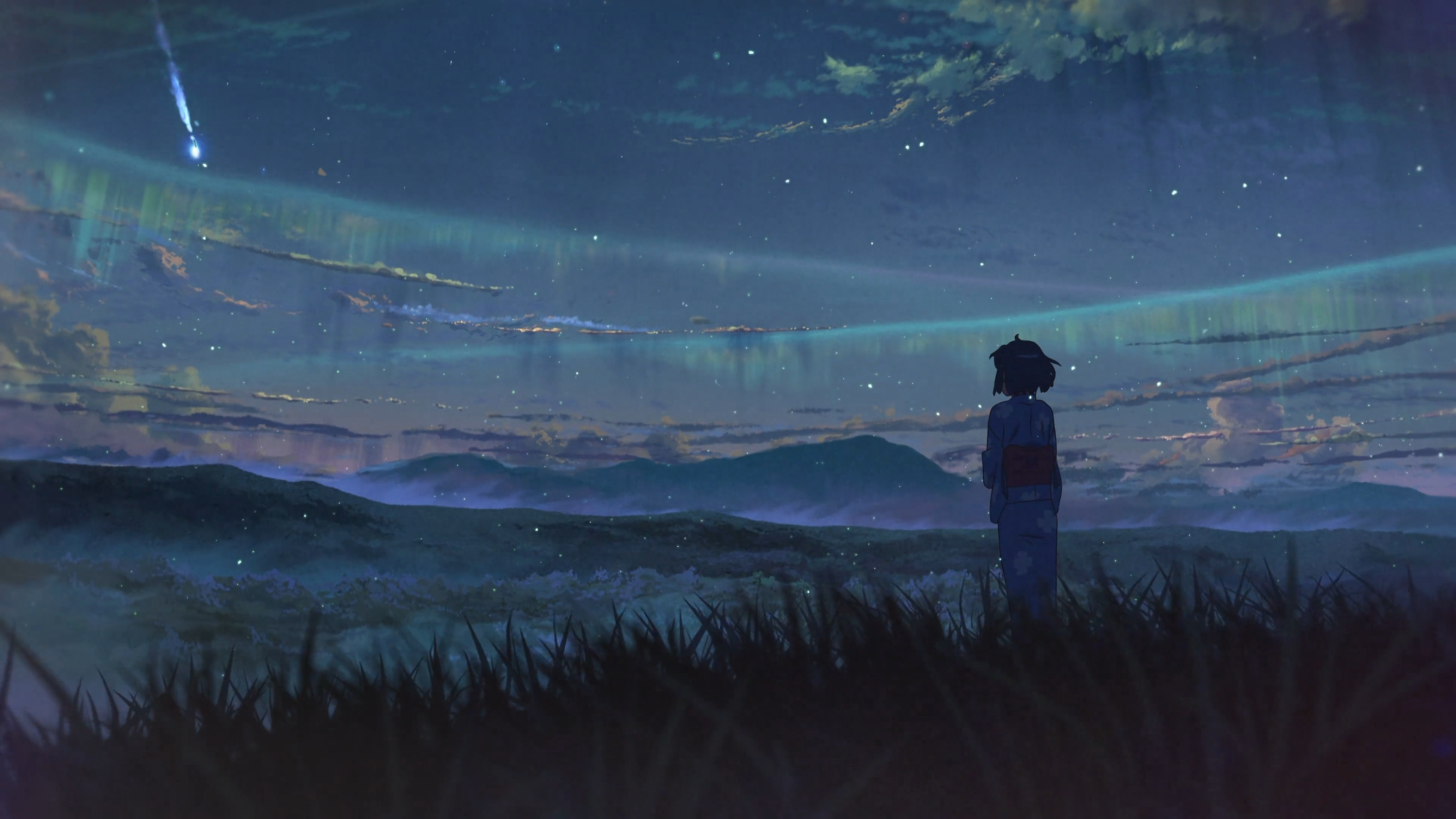动漫 女孩 天空 星星 你的名字 彗星 流星 陨石 壁纸 3840×2160