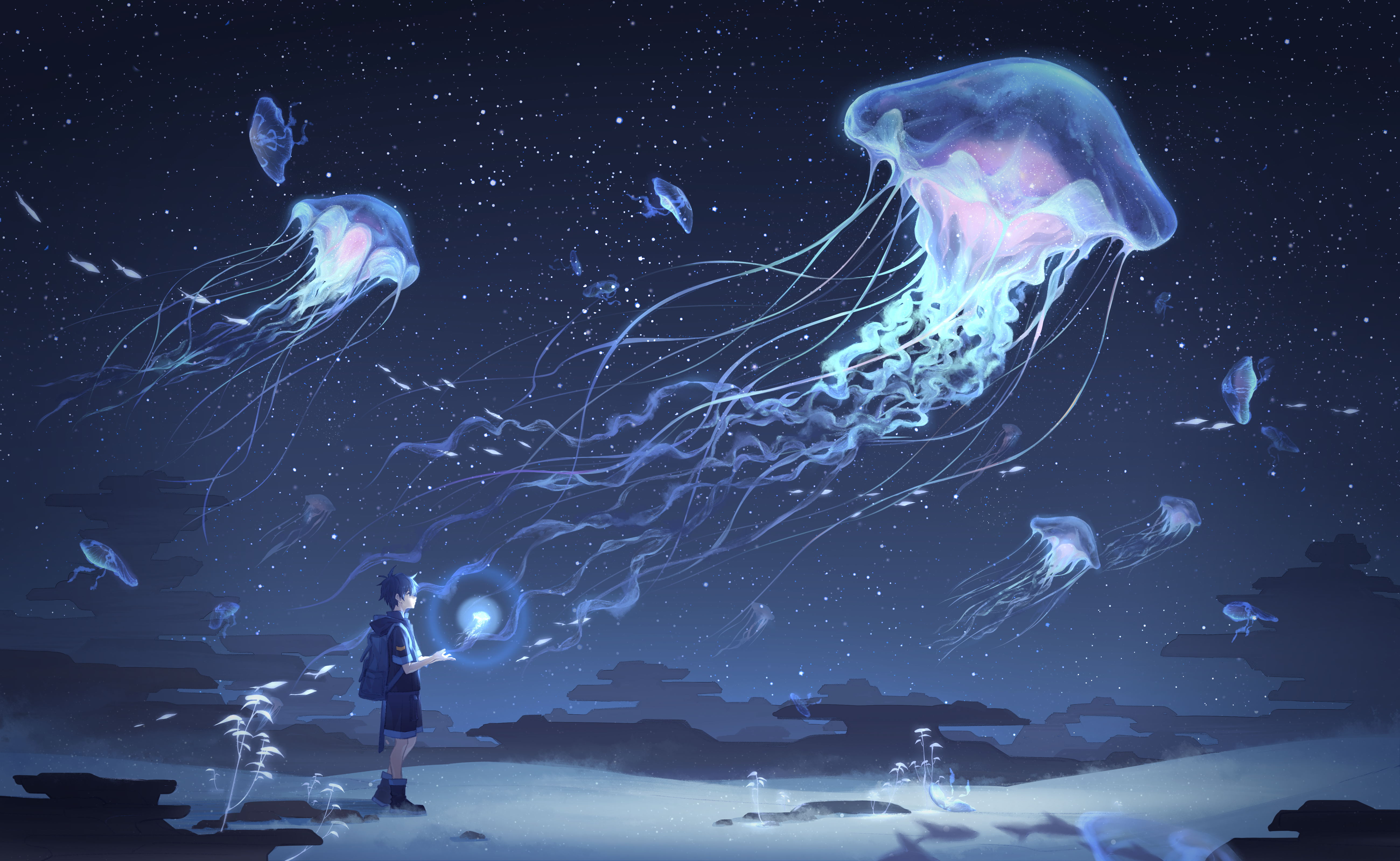 水母 夜晚 天空 云 星星 鱼 明亮 发光 无水印壁纸 5200×3200