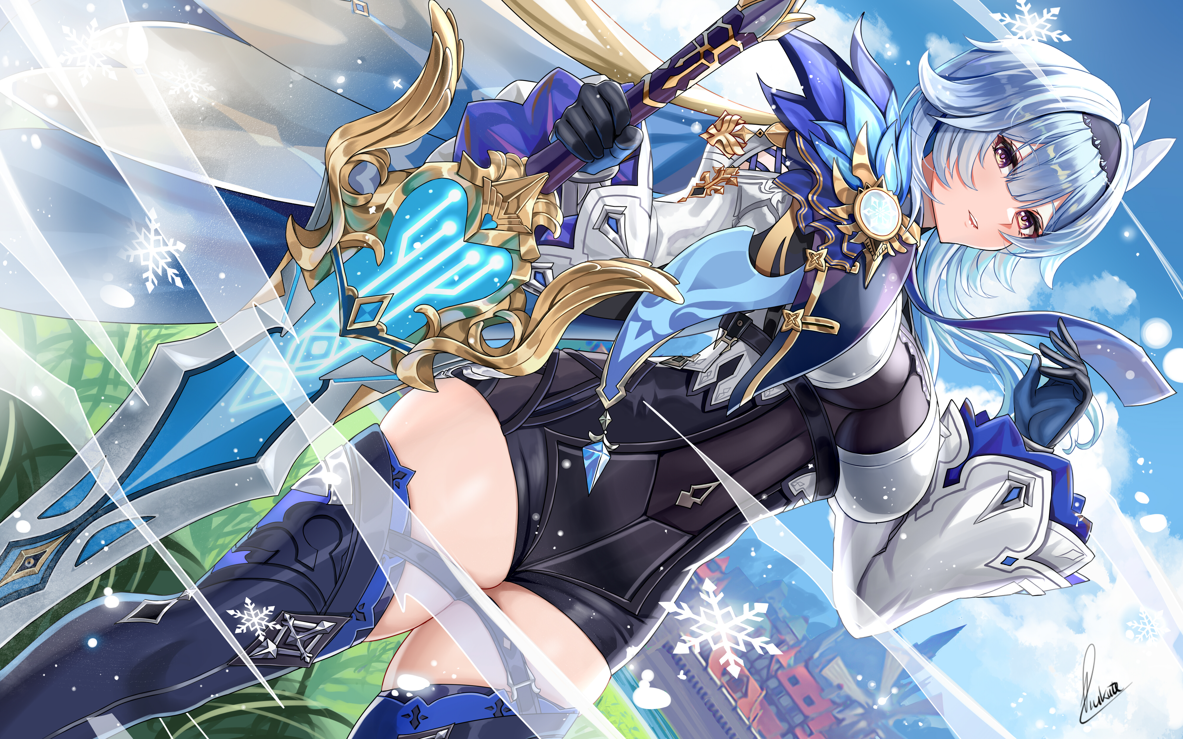 蓝头发 动漫 女孩 尤拉 原神 黄眼睛 剑 武器 壁纸 4000×2500