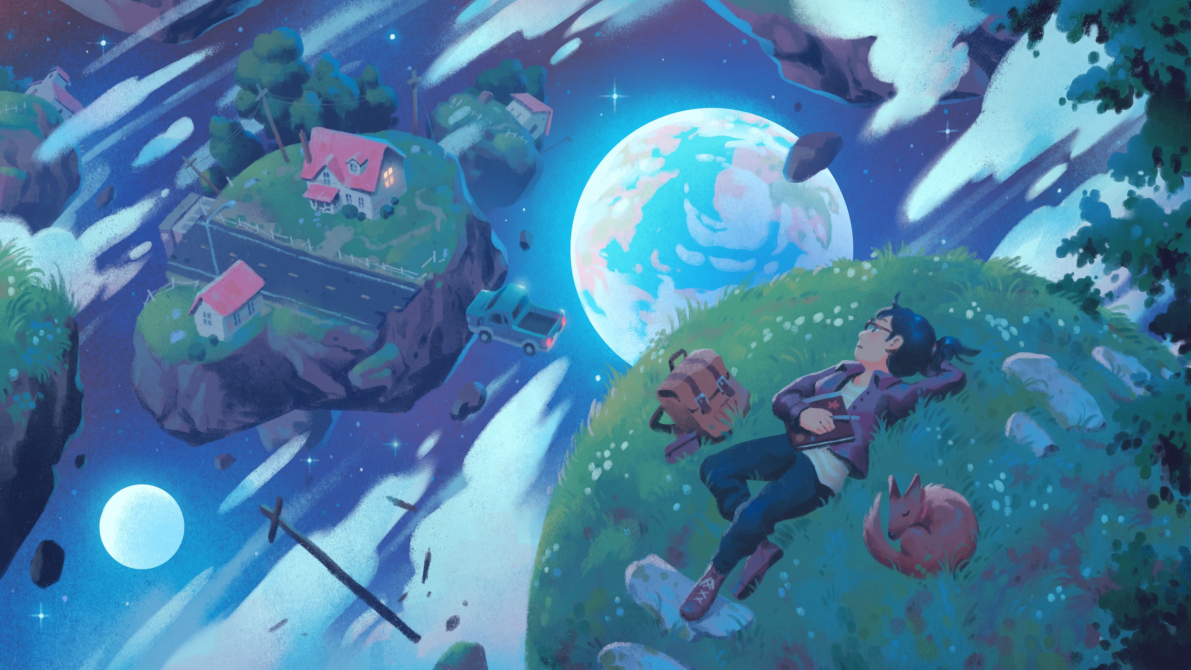 女人 躺着 空间 行星 月亮 AI艺术 4K高清壁纸 3840×2160