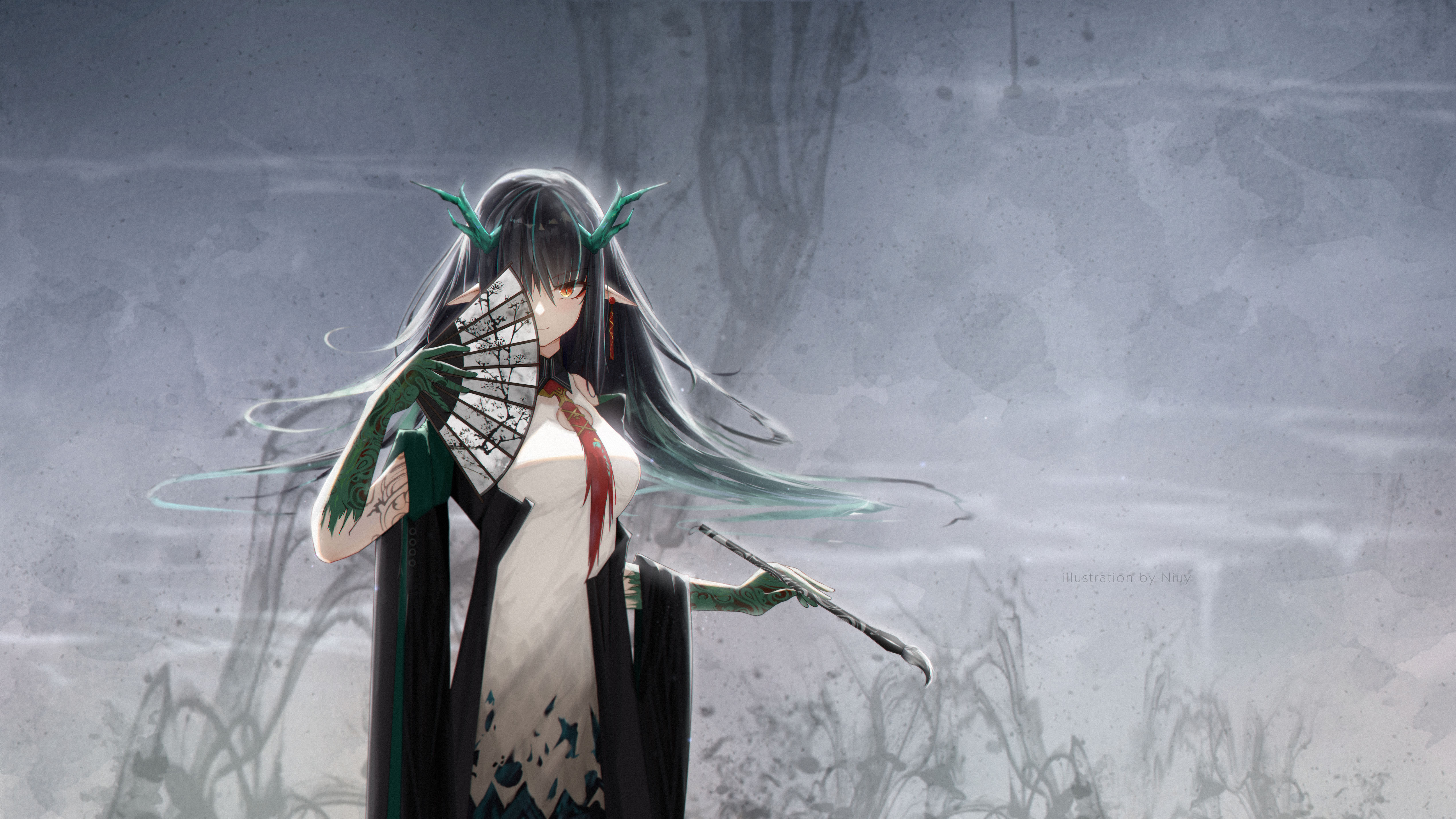 牛仔 黄昏 动漫 女孩 龙女 扇子 壁纸 5076×2855