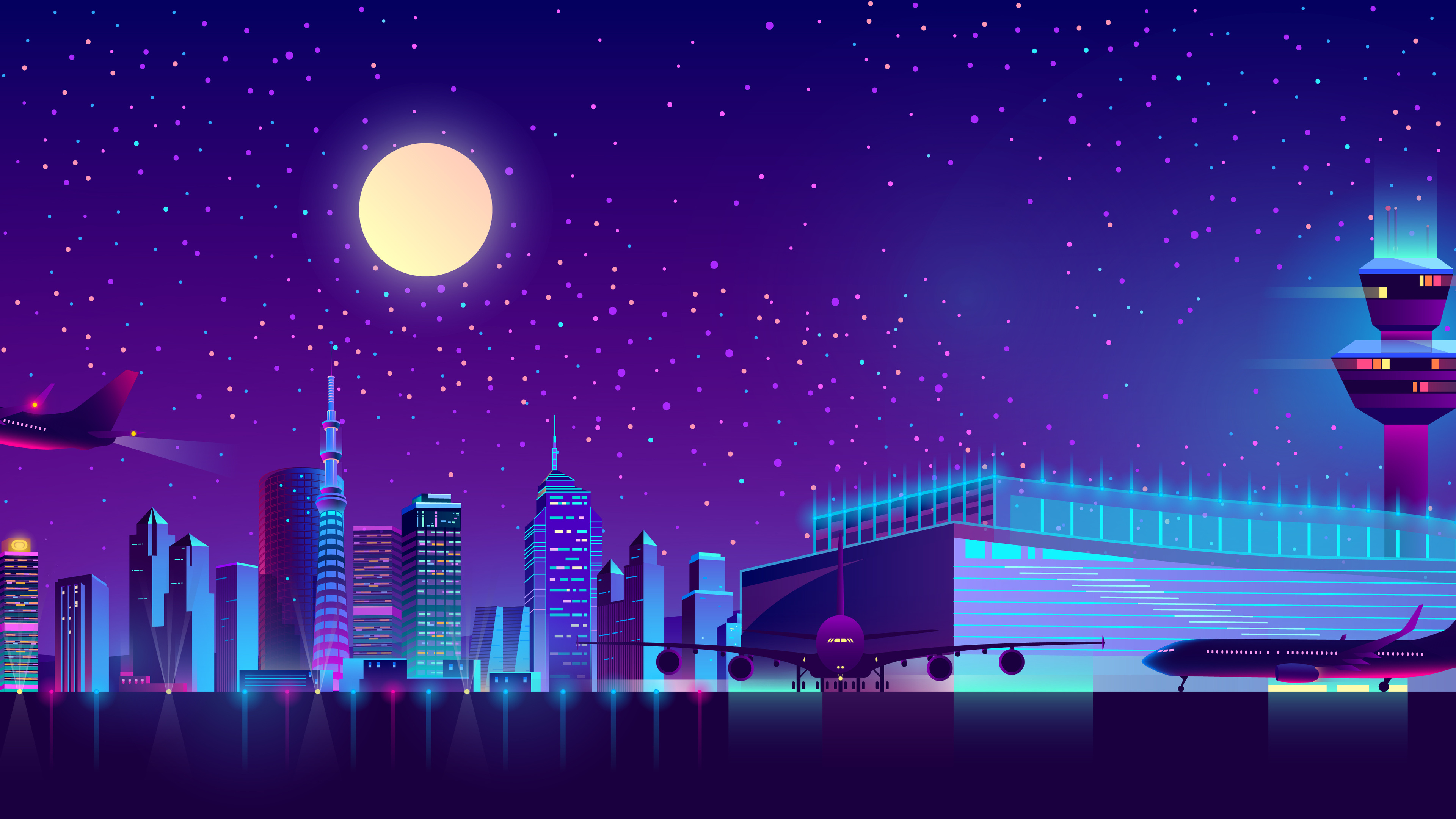 AI艺术 极简主义 蓝色 月亮 月光 星星 城市 景观 机场 摩天大楼 灯光 发光 矢量图形 满月 飞机 4K高清壁纸 3840×2160