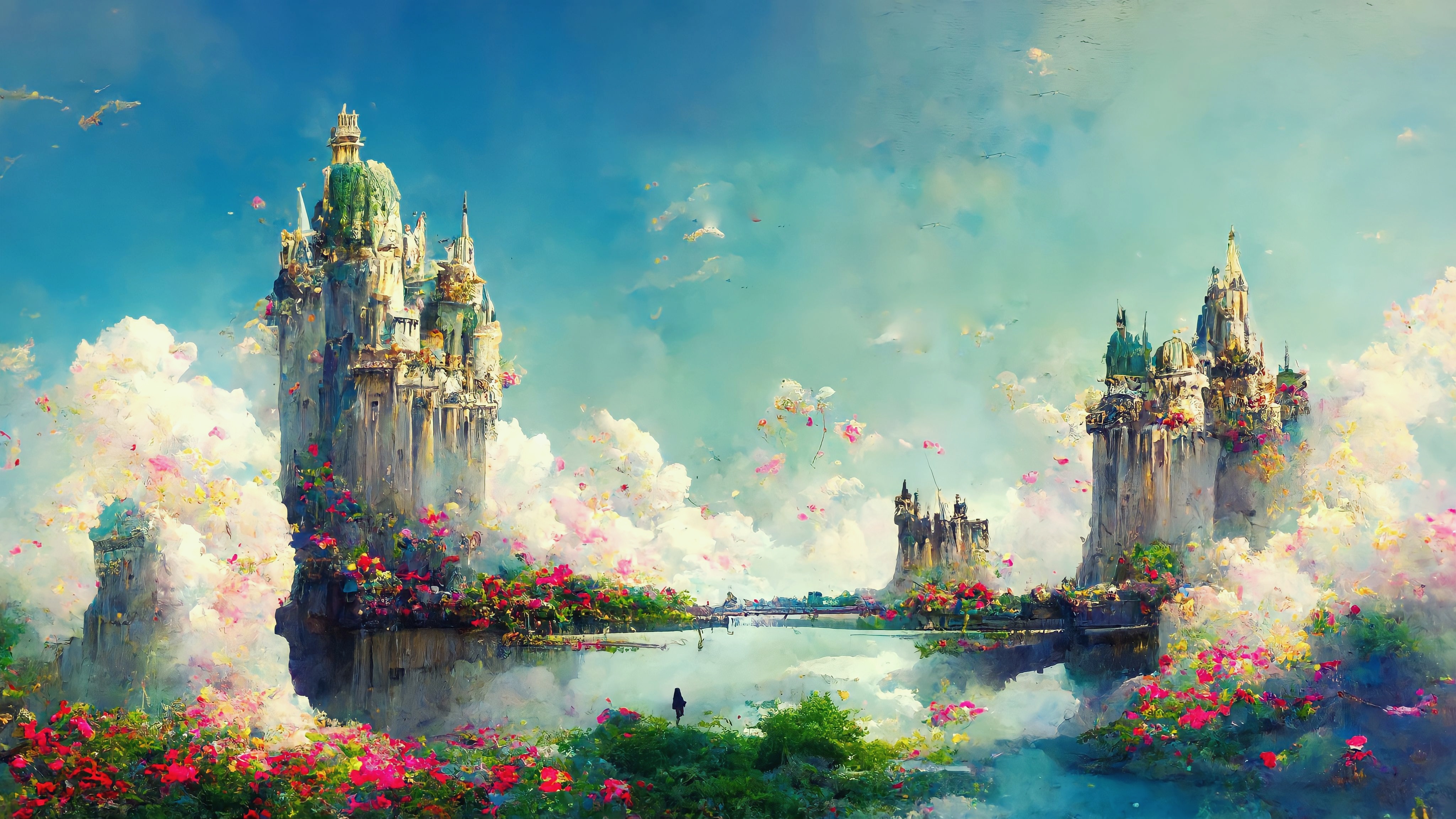 多彩 云 植物 风景 湖泊 奇幻艺术 艺术 中途 高清壁纸 4096×2304