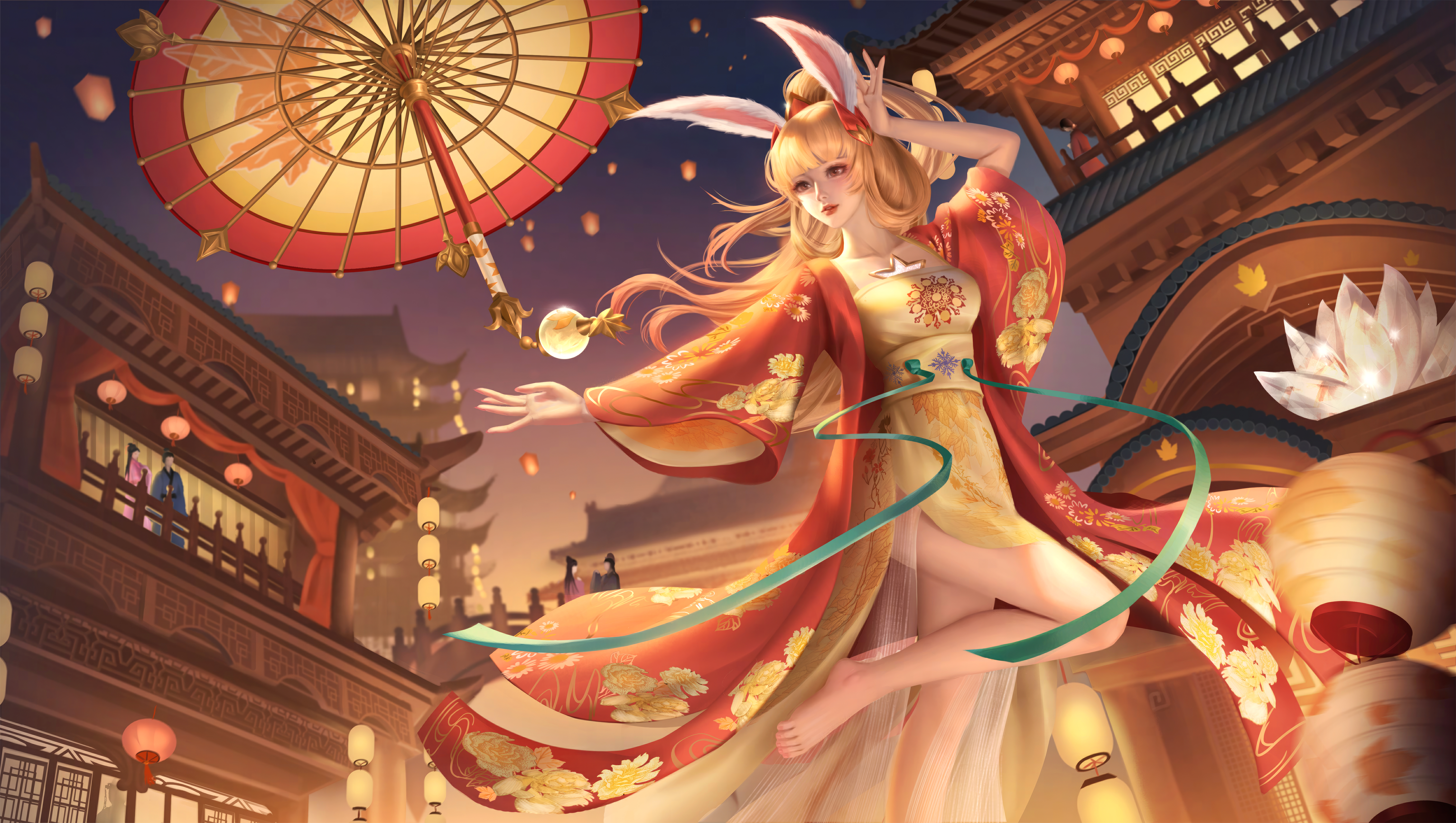 腿 兔子 舞者 游戏 王者荣耀 游戏CG 女孩 古风 金色背景 雨伞 建筑 壁纸 7641×4320