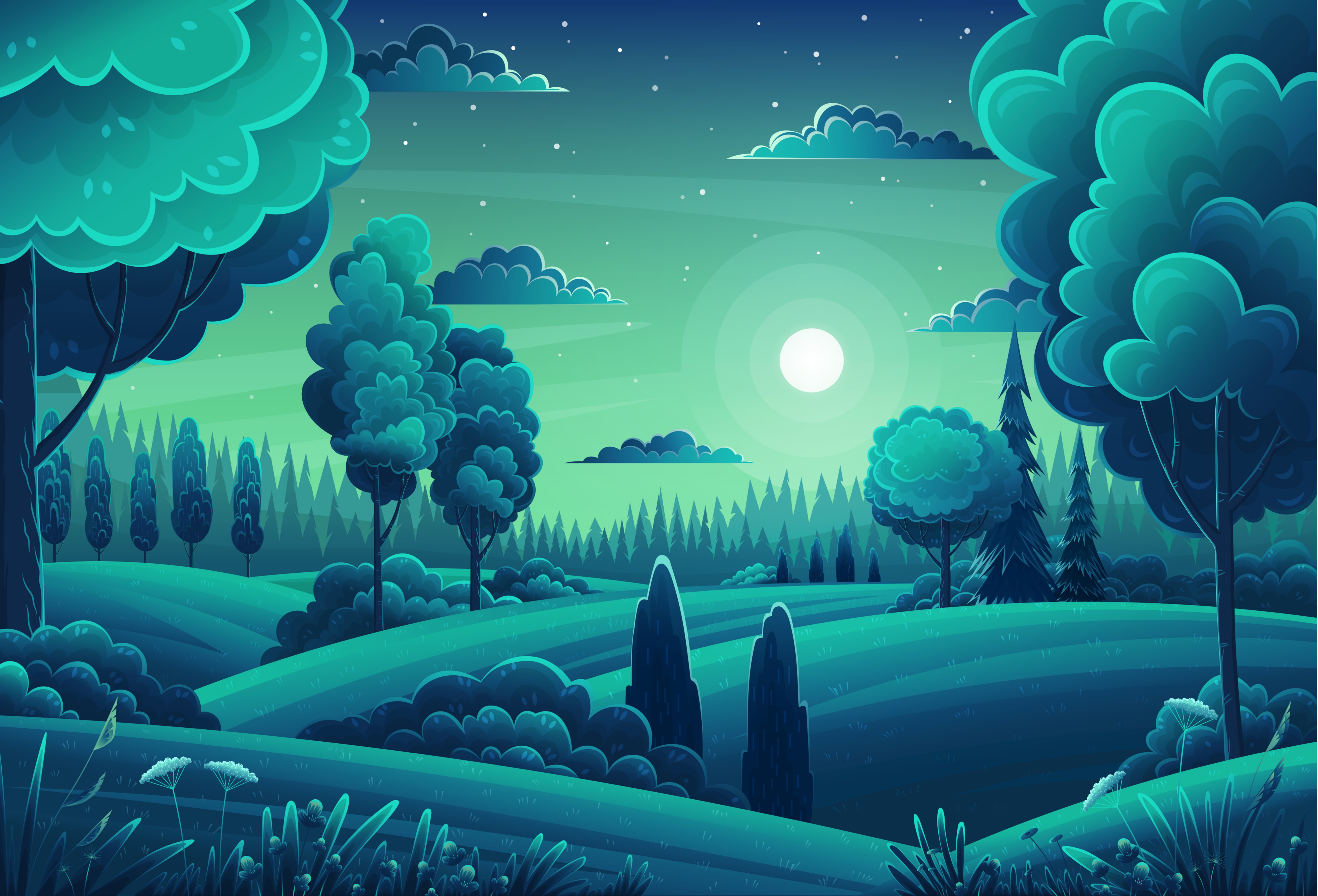 热门图片 矢量 森林 小山 树木 月亮 夜晚 风景 绿色 天空 云 卡通 星星 花 月光 AI艺术 壁纸 6000×4081