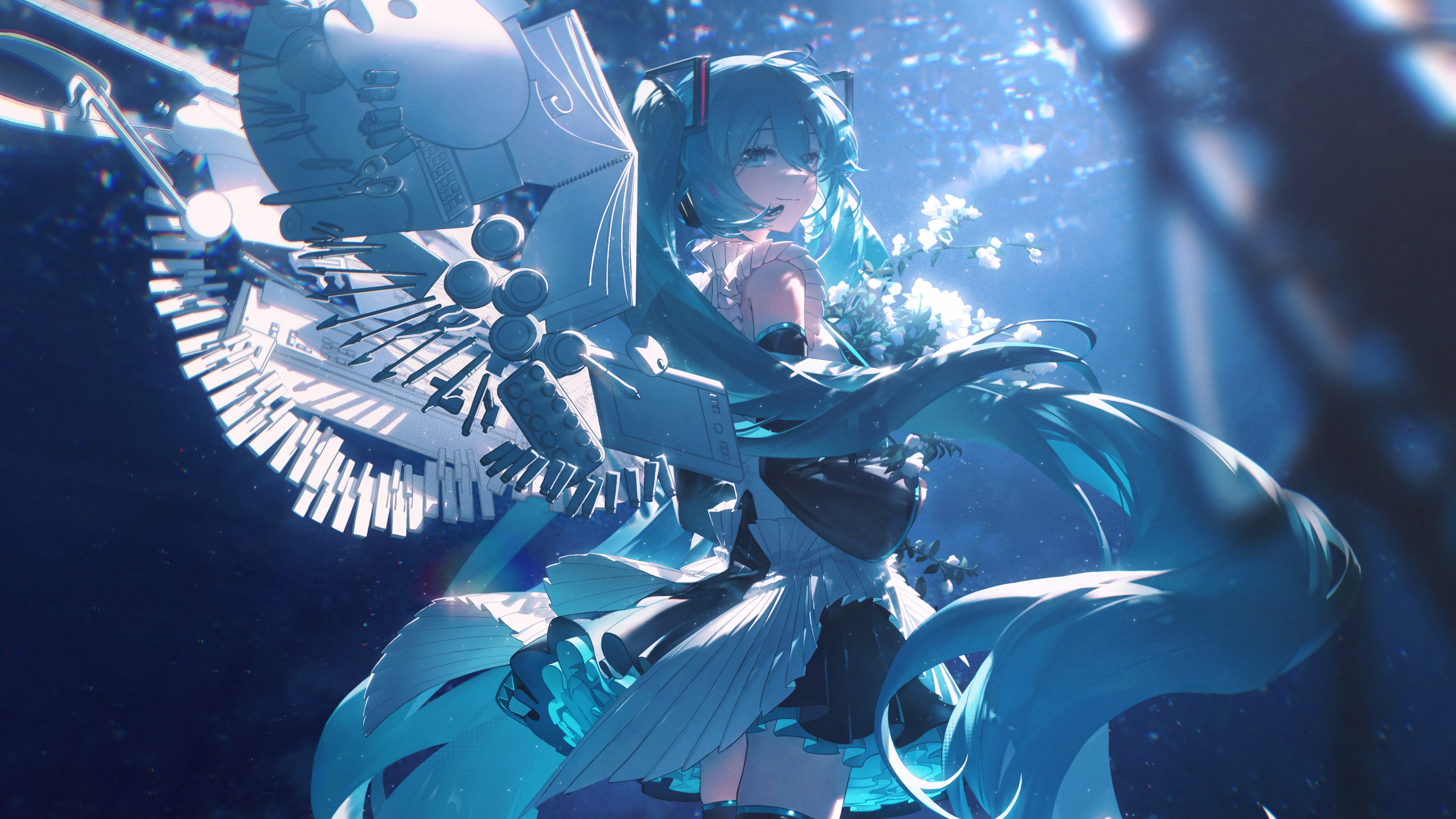 热门长发 蓝头发 蓝眼睛 微笑 动漫 女孩 AI艺术 初音 元音 双尾 壁纸 3840×2160