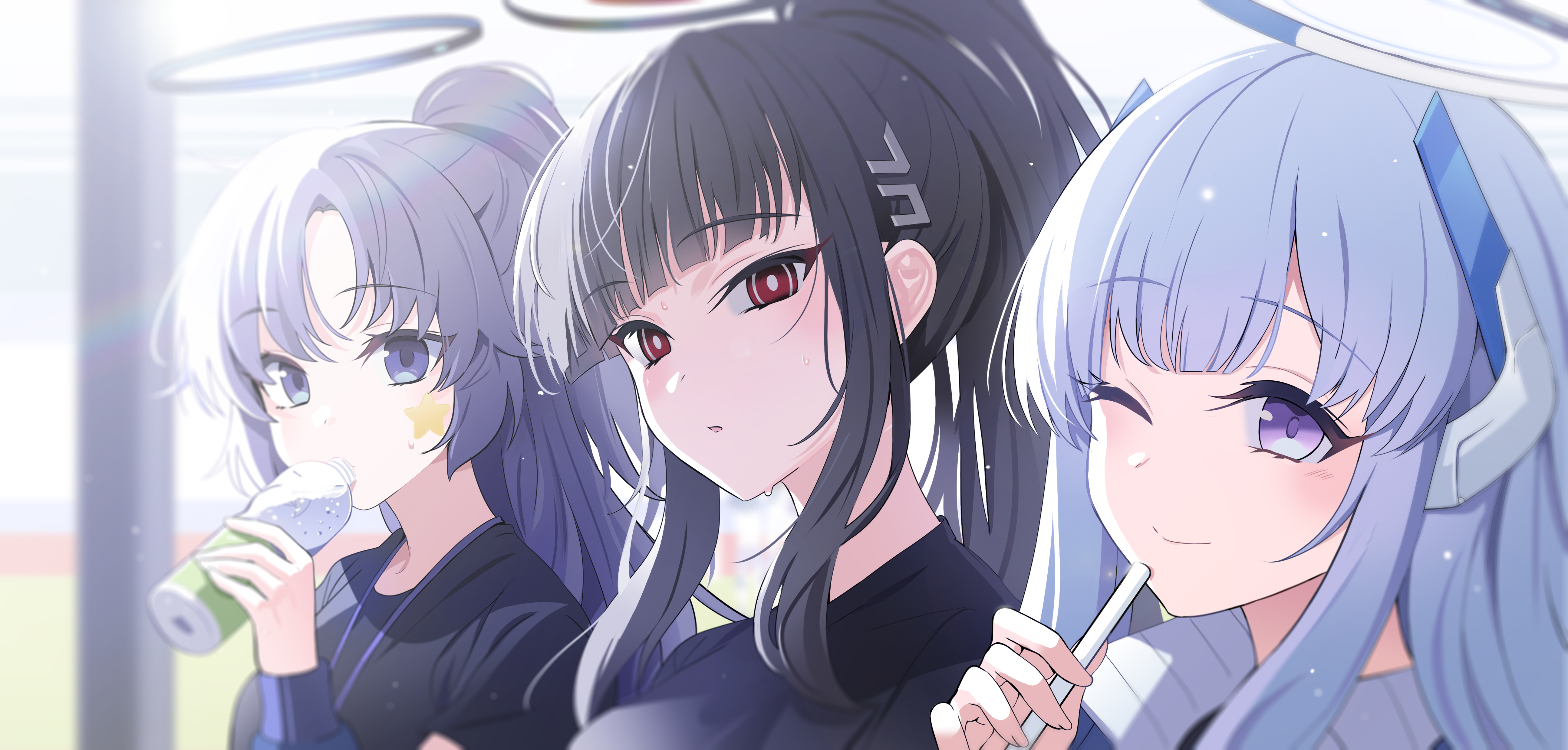 马尾辫 长发 蔚蓝档案 饮料 眨眼 汗水 动漫 女孩 4K高清壁纸 5180×2480