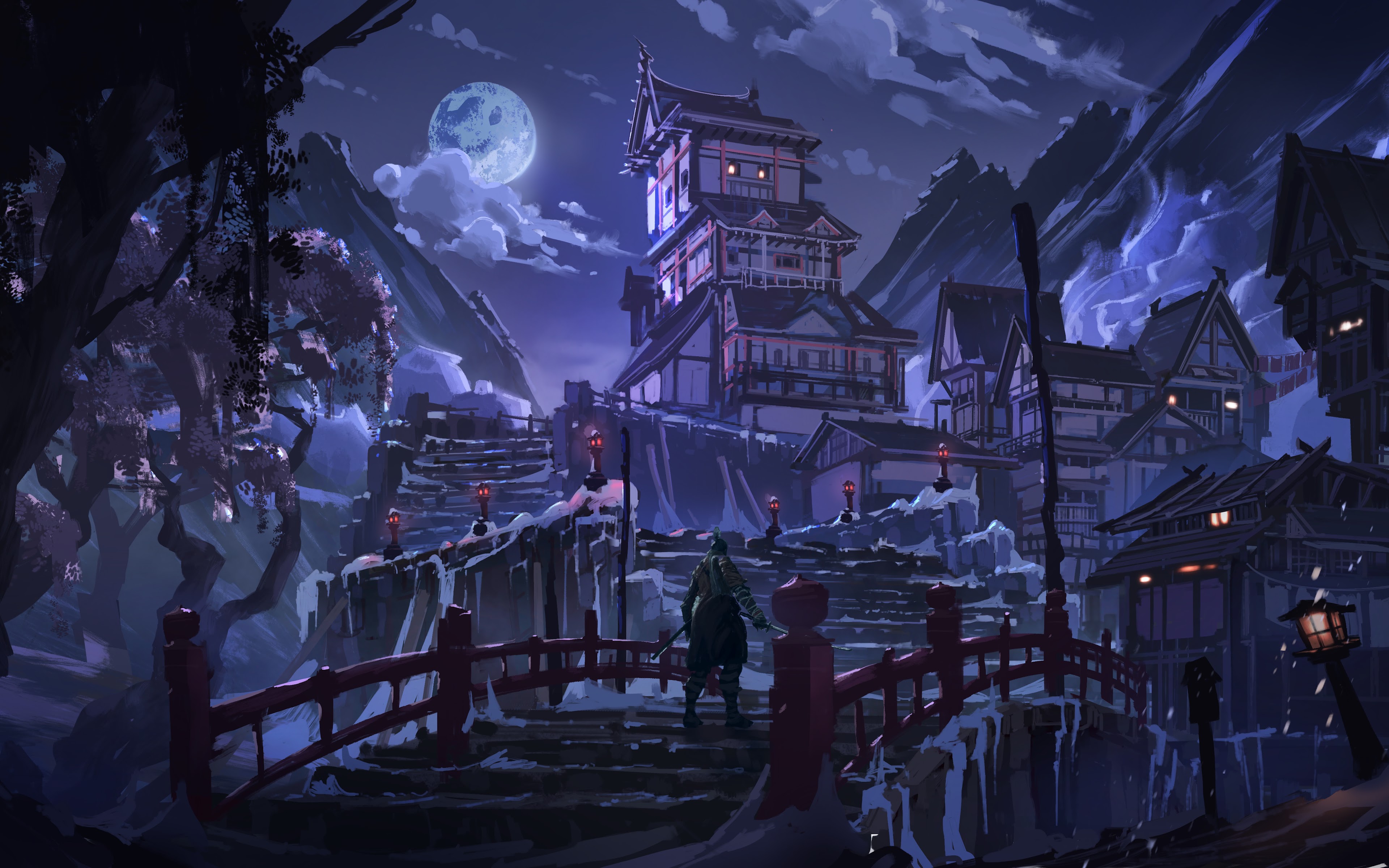 热门艺术作品 幻想艺术 夜 月亮 桥 高清壁纸 3840×2400
