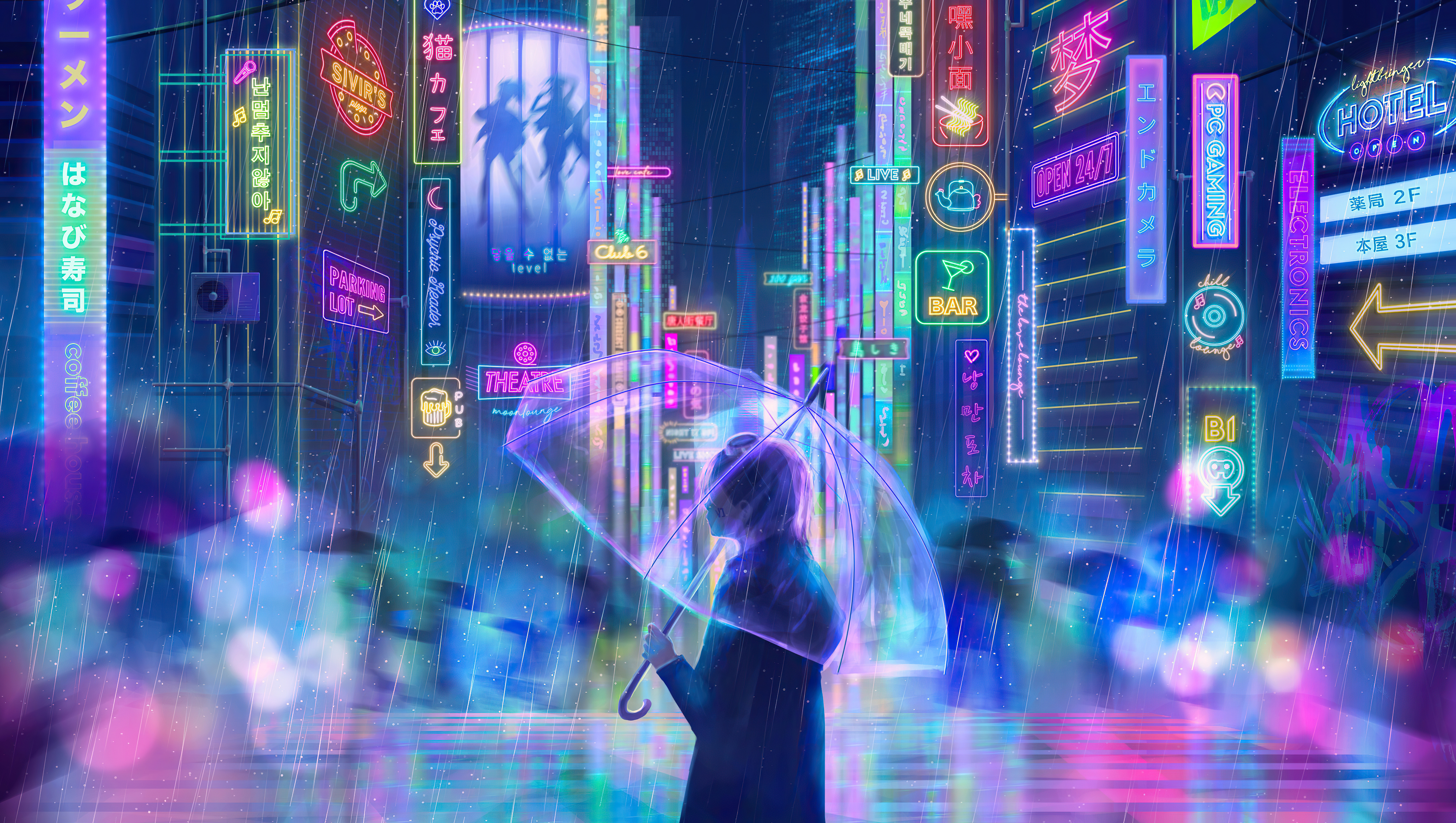 雨 伞 倒影 折射 AI艺术 壁纸 5120×2892