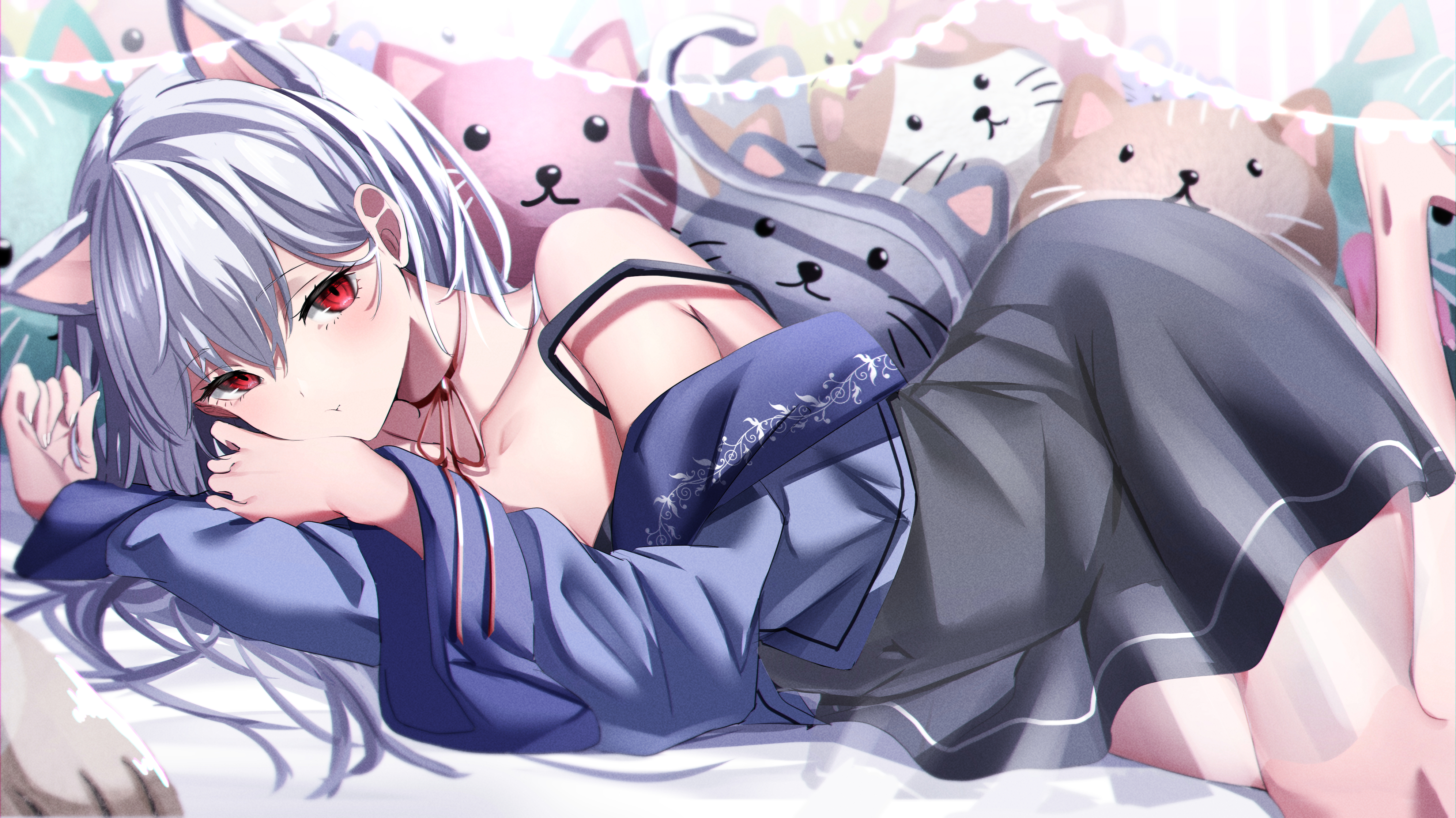 唯美红眼睛 猫女孩 动漫 女孩 兽耳 尾巴 银发 无水印壁纸 3982×2238
