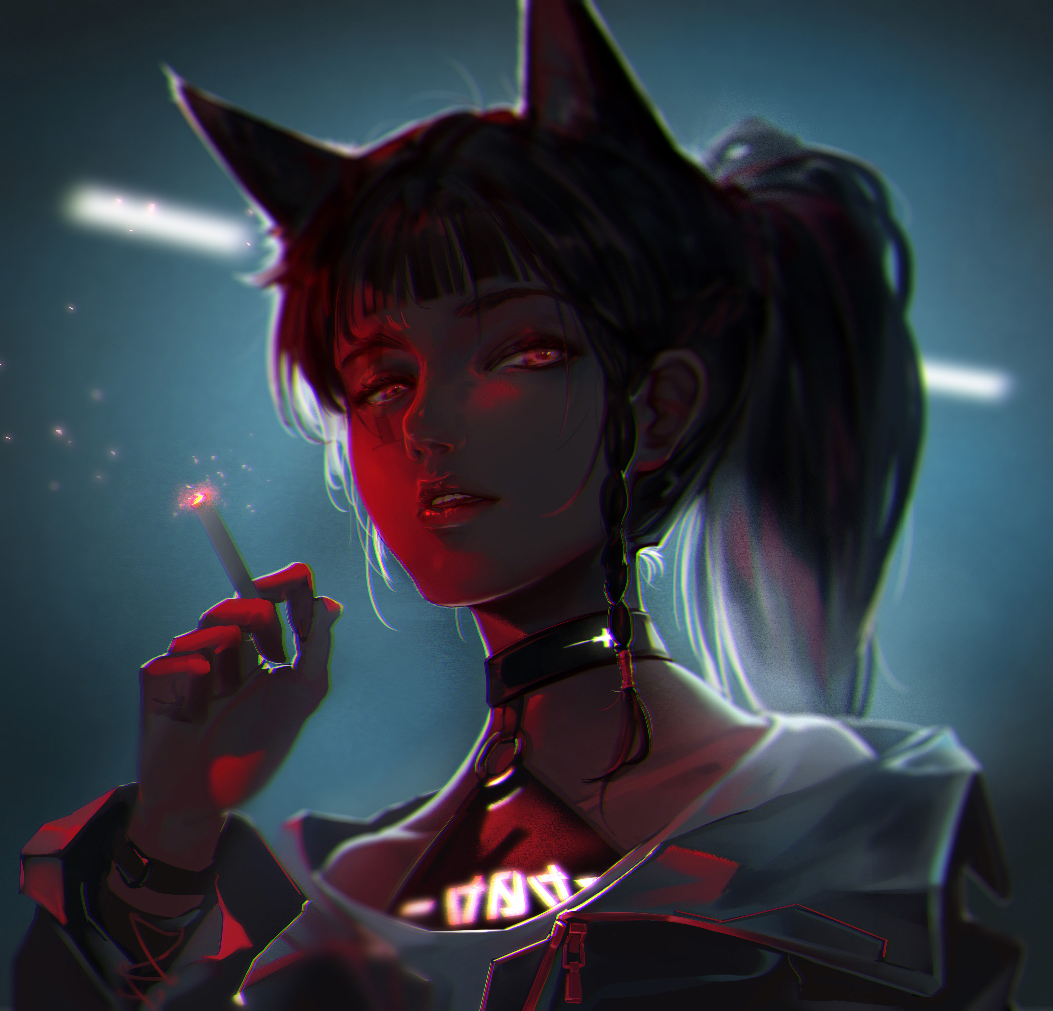 热门奇幻 女孩 电脑图形 香烟 吸烟 兽耳 高清壁纸 4133×3970
