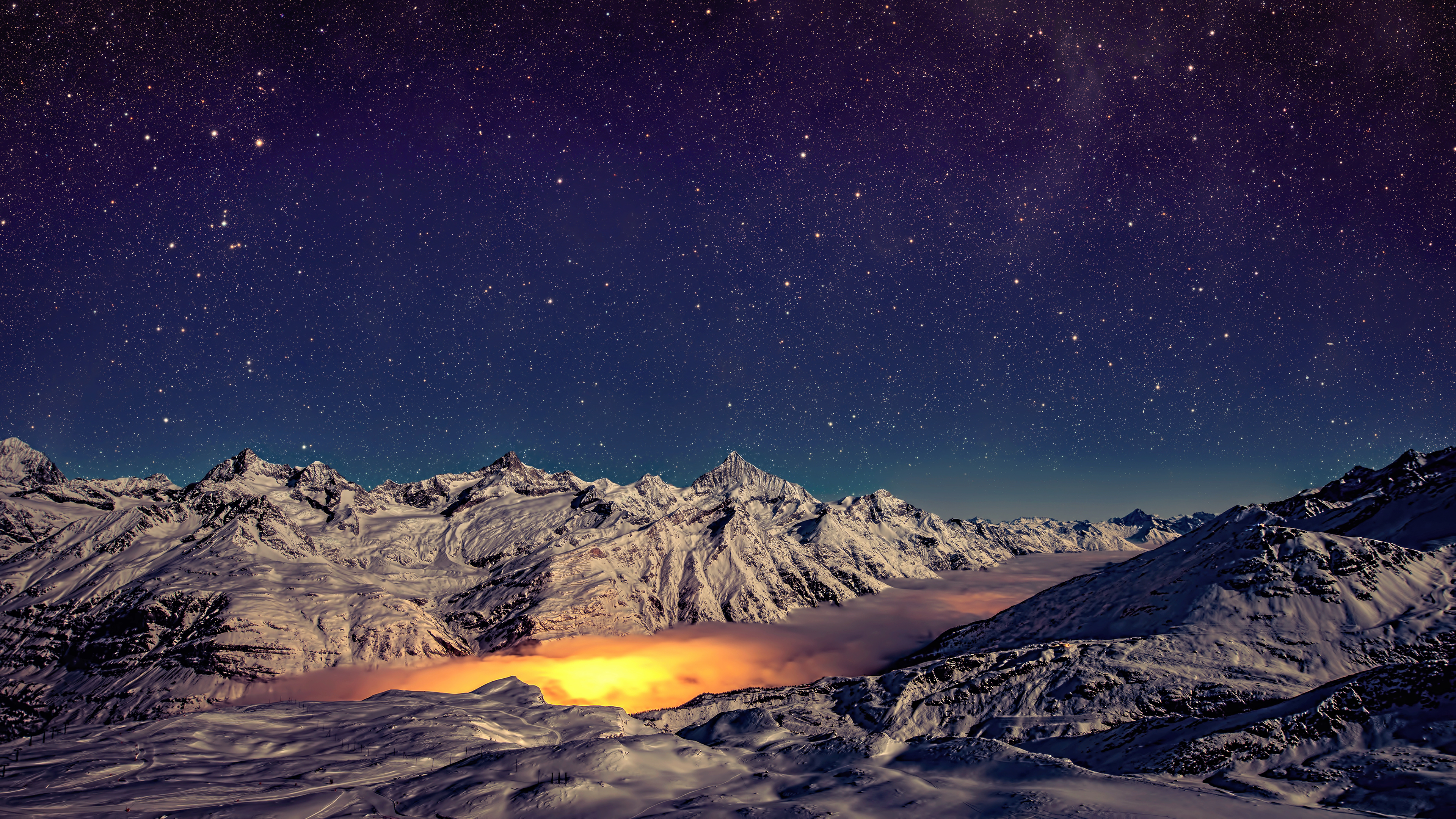 精选风景 自然 山脉 全景 夜晚 星星 雪 长相 薄雾 壁纸 3840×2160