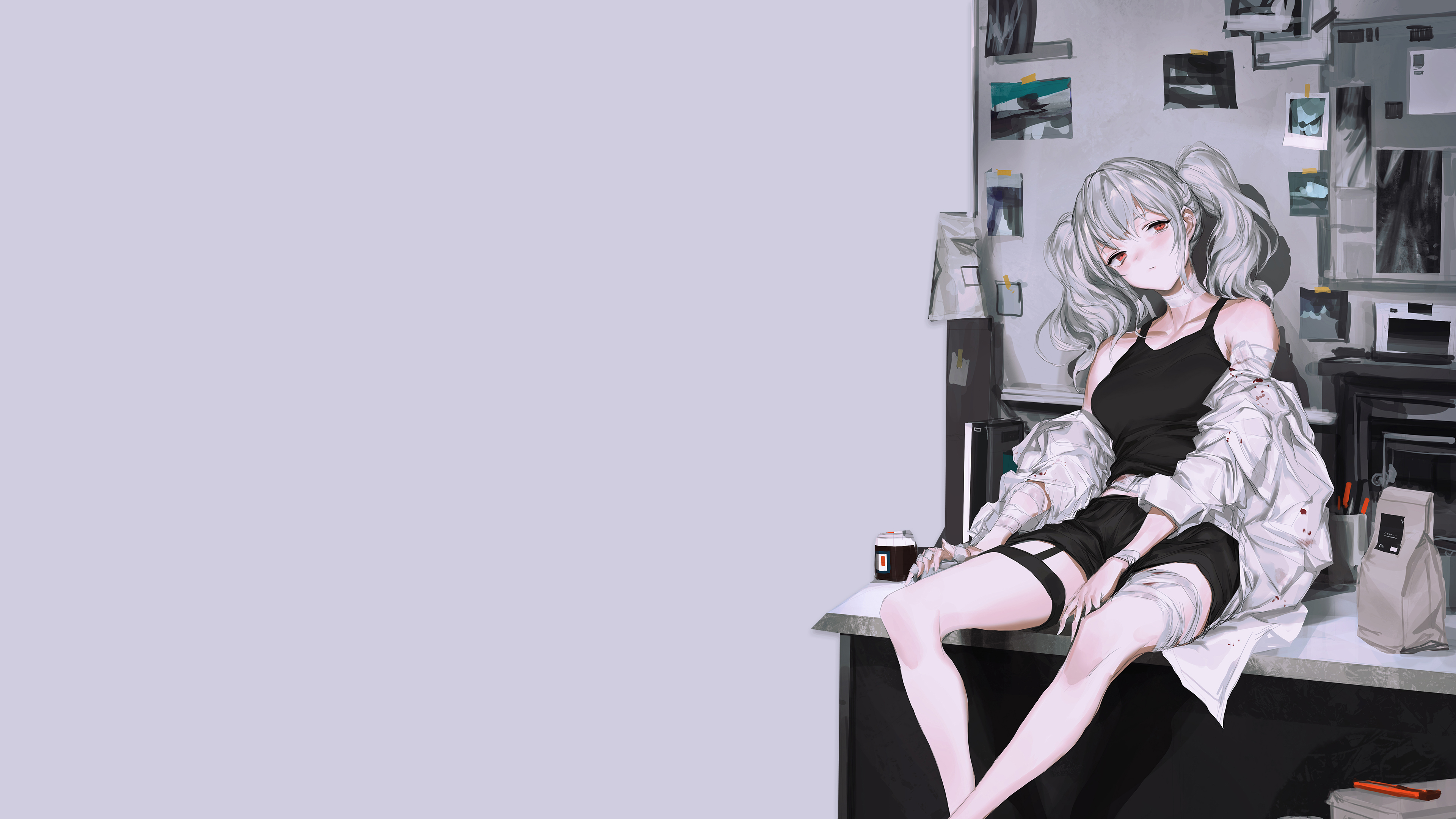 原创人物 白发 红眼睛 腿 动漫 女孩 极简主义 桌面壁纸 3840×2160