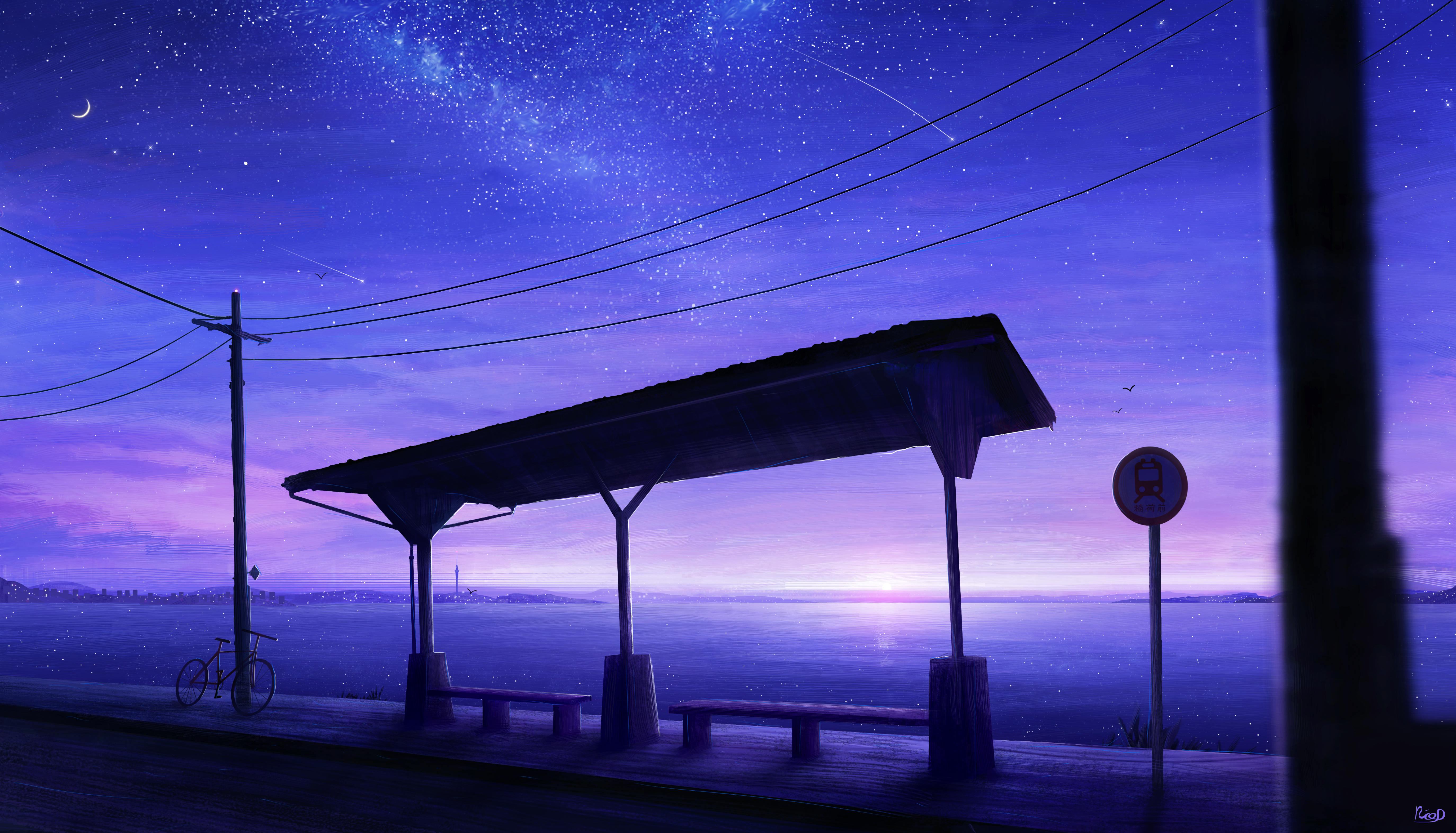 星星 公交车站 流星 电力线 自行车 海洋 日落 AI艺术 长凳 壁纸 5497×3145