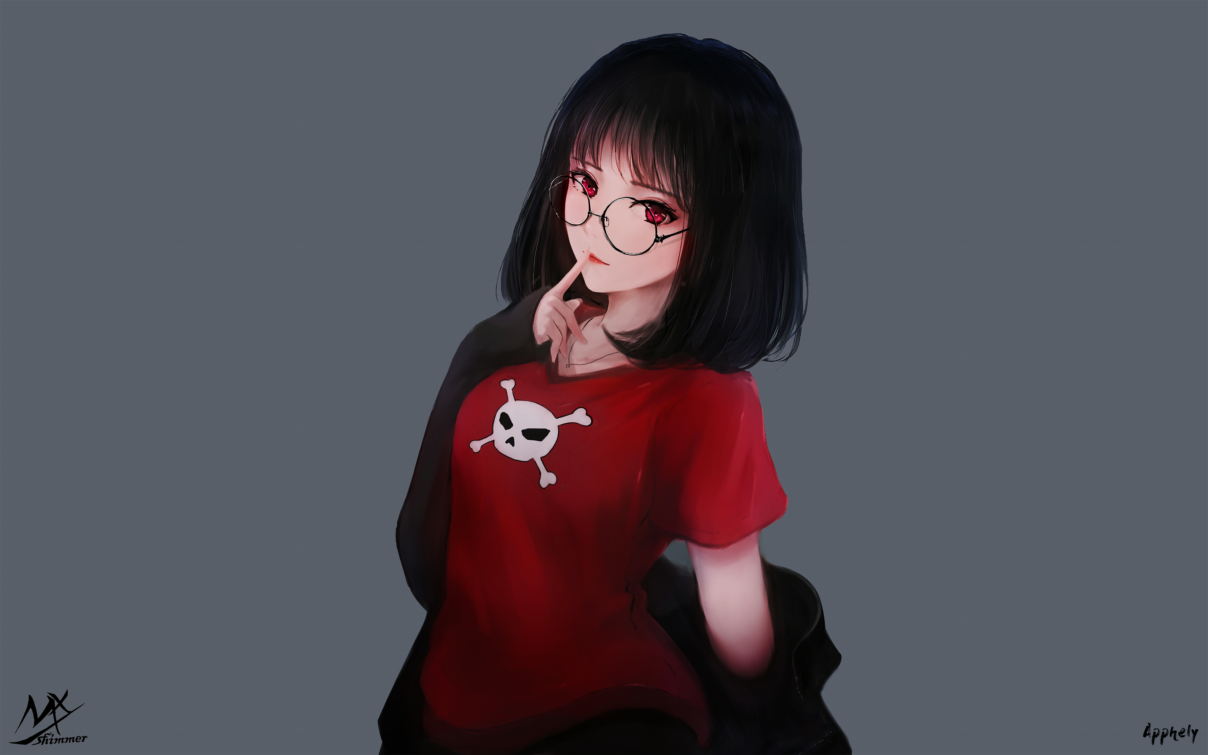经典闪光 红眼睛 动漫 女孩 眼镜 思考 骷髅 骨骼 恤 桌面壁纸 4000×2500