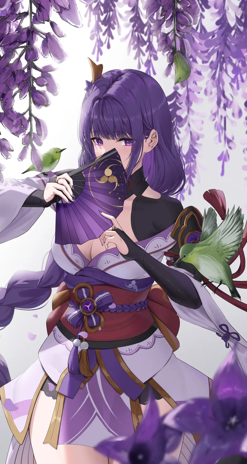 鼹鼠 痣 辫子 长发 紫色头发 原神 动漫 女孩 扇子 花 鸟 动物 花瓣 紫色眼睛 手机 壁纸 4197×6867