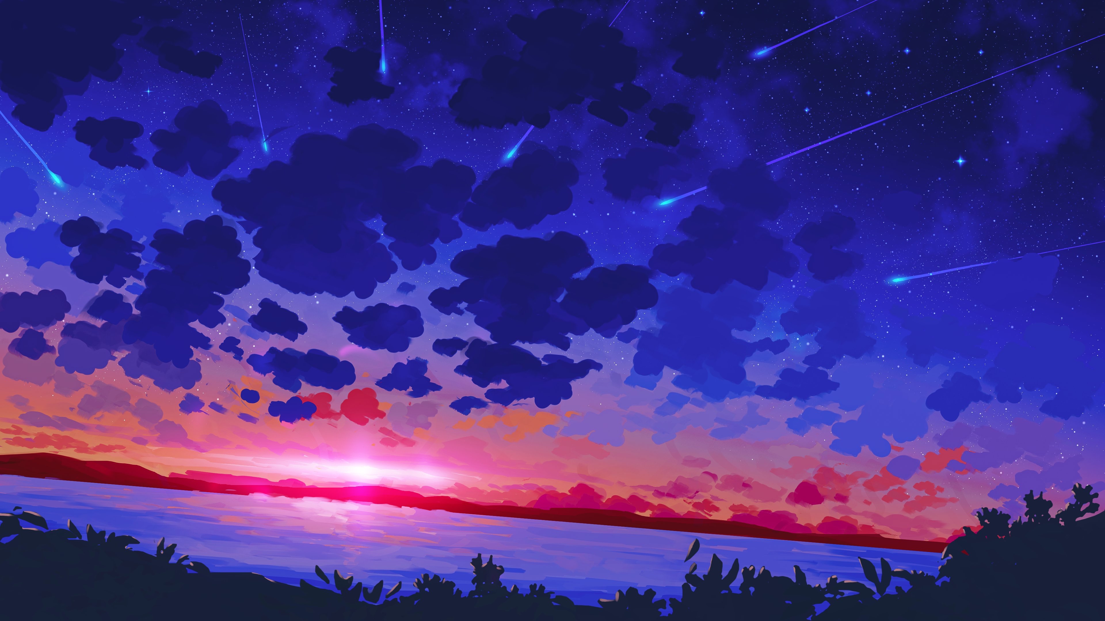 精选数字绘画 风景 日落 天空 云 湖 AI艺术 星星 无水印壁纸 3840×2160