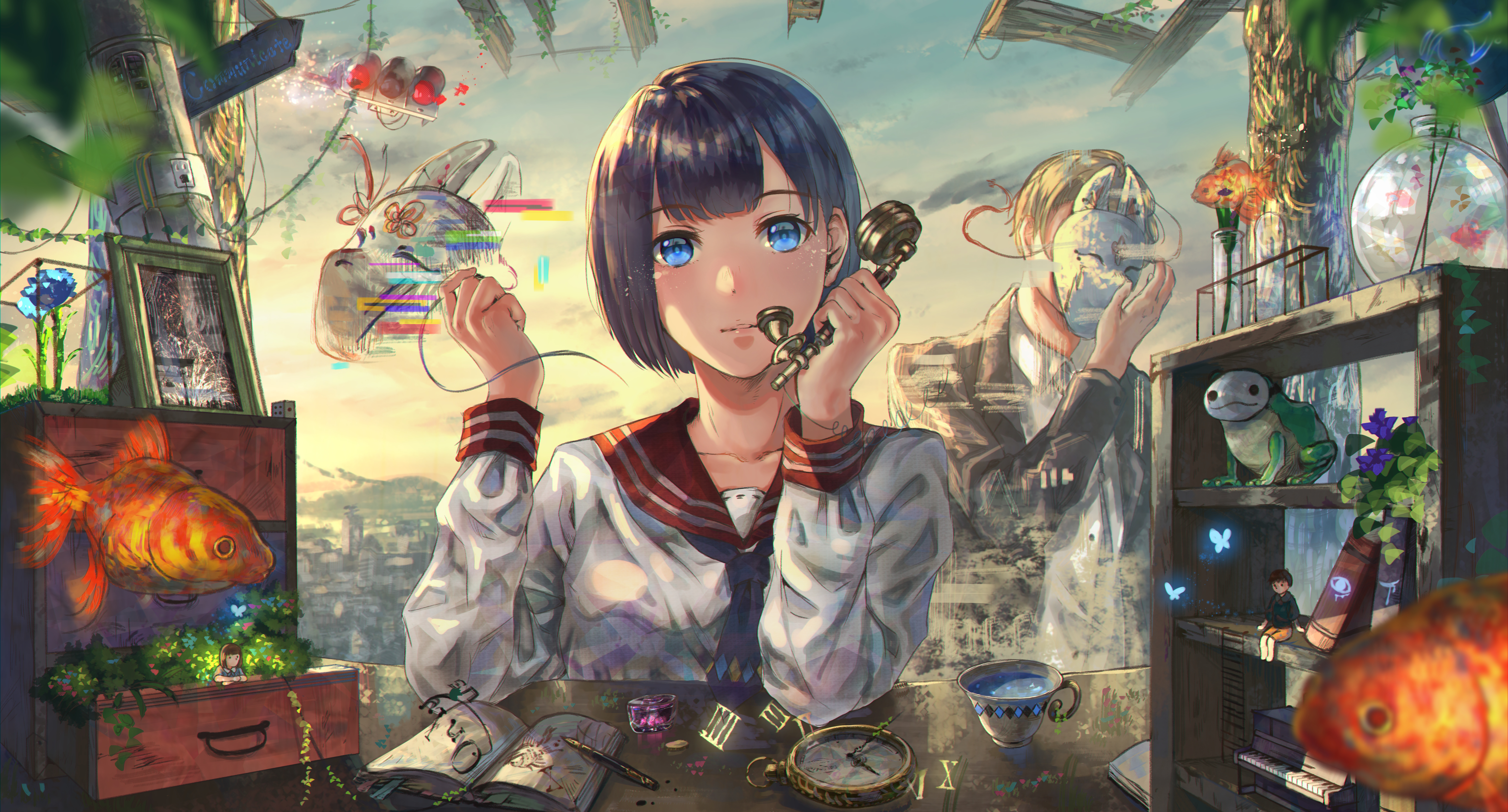 超清蓝眼睛 蓝头发 短发 动漫 女孩 水手制服 茶话会 鱼 口罩 青蛙 钢笔 钟表 男孩 燕尾服 电线 相框 天空 城市 云 书 花 花瓣 交通灯 4K壁纸 7016×3780