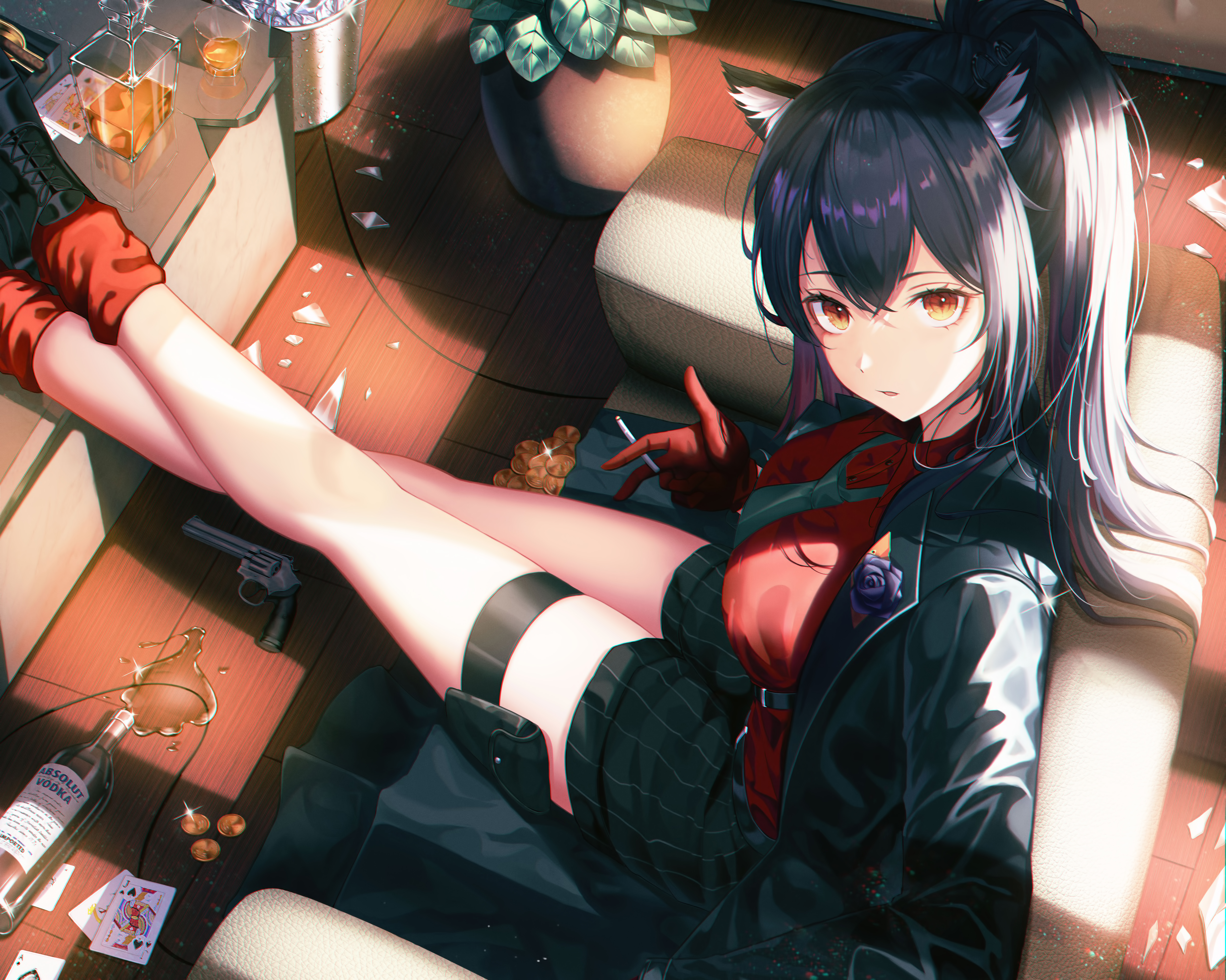 坐 明日方舟 茶 动漫 女孩 狼女孩 壁纸 5000×4000