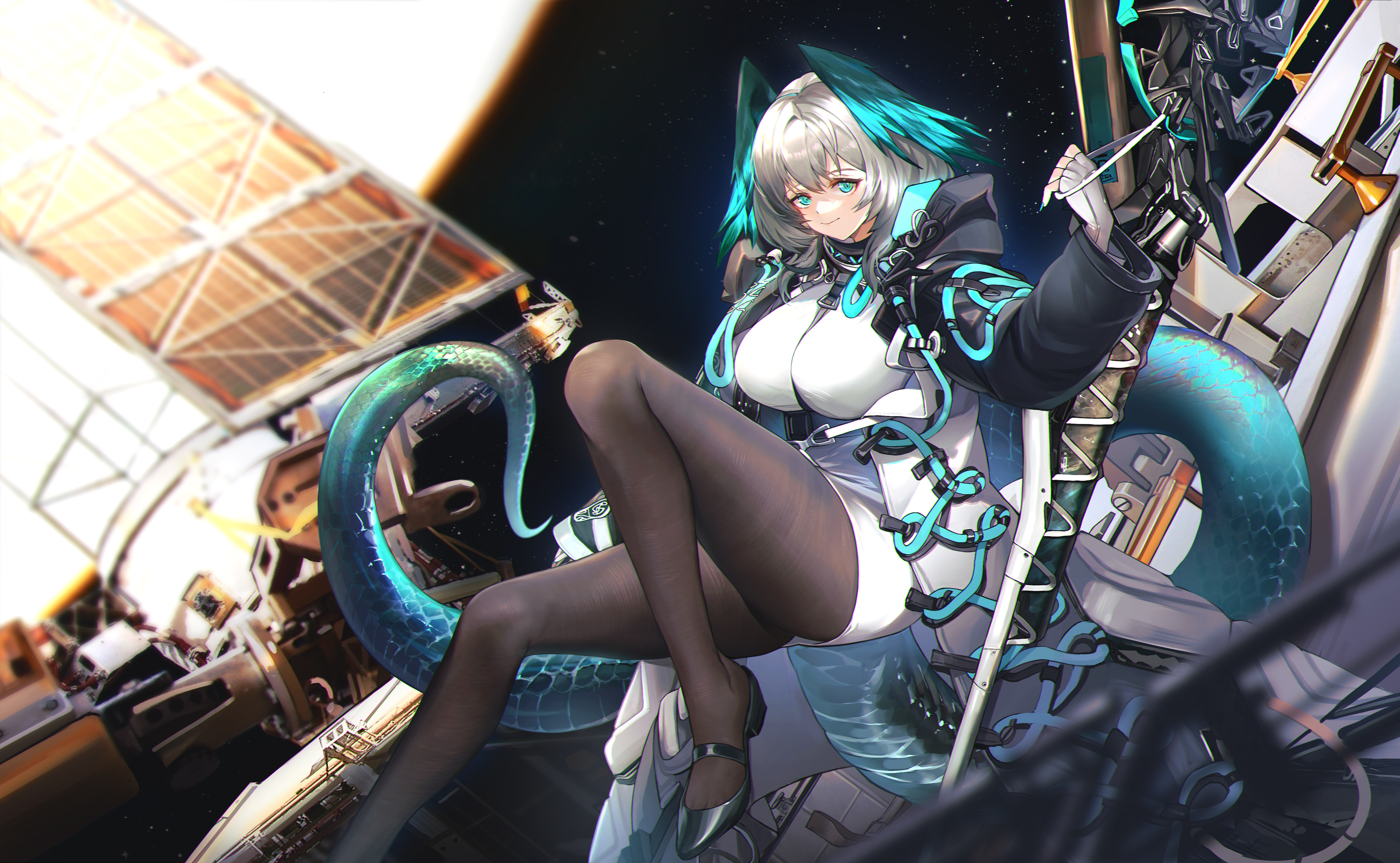绝美微笑 动漫 女孩 武士 龙女 龙尾巴 太空 科技 无水印壁纸 4864×3000