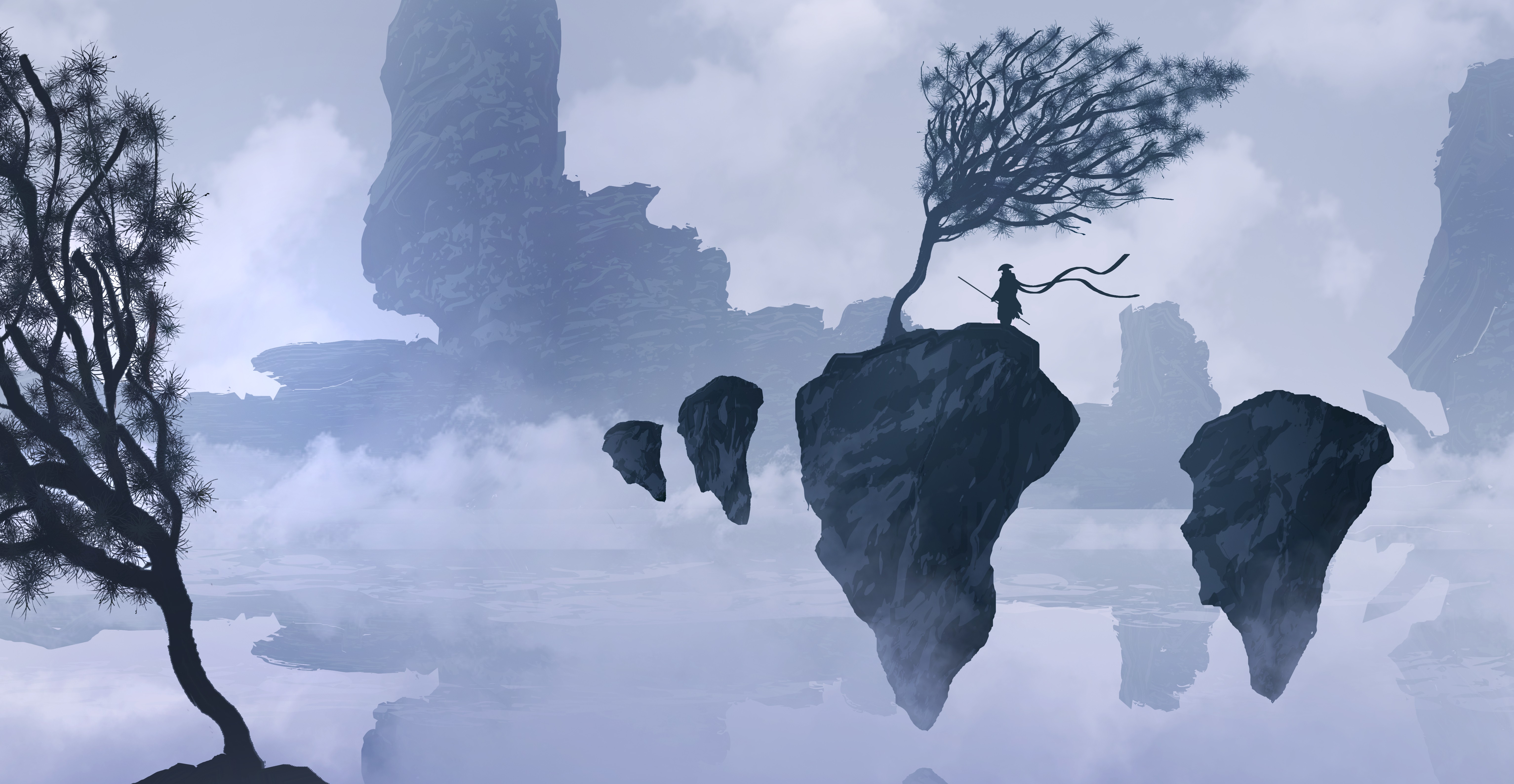 奇幻艺术 山 雾 武士 漂浮 岩石 剪影 邪恶艺术 壁纸 6132×3176