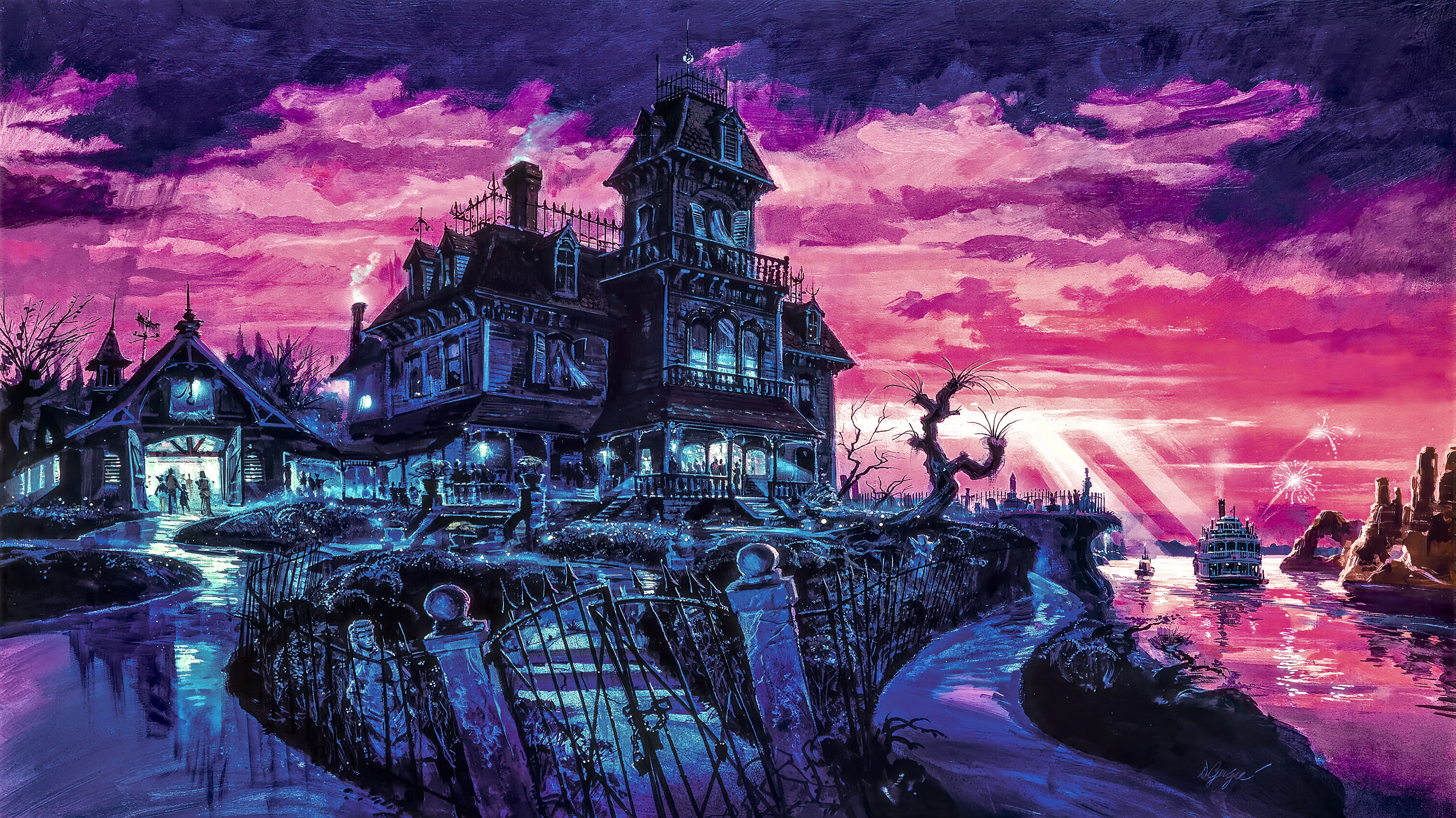 绝美鬼屋 绘画 五颜六色 蓝色 桌面壁纸 3840×2160