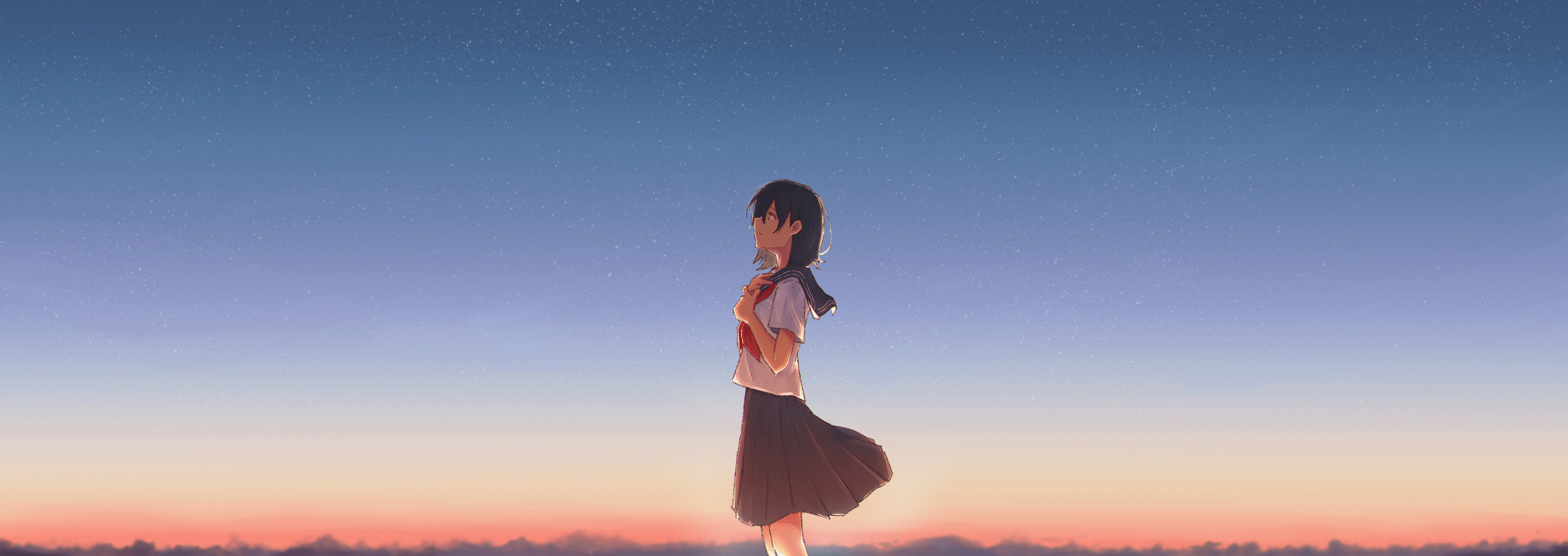 女生 校服 天空 户外 动漫 女孩 4K高清壁纸 6120×2172