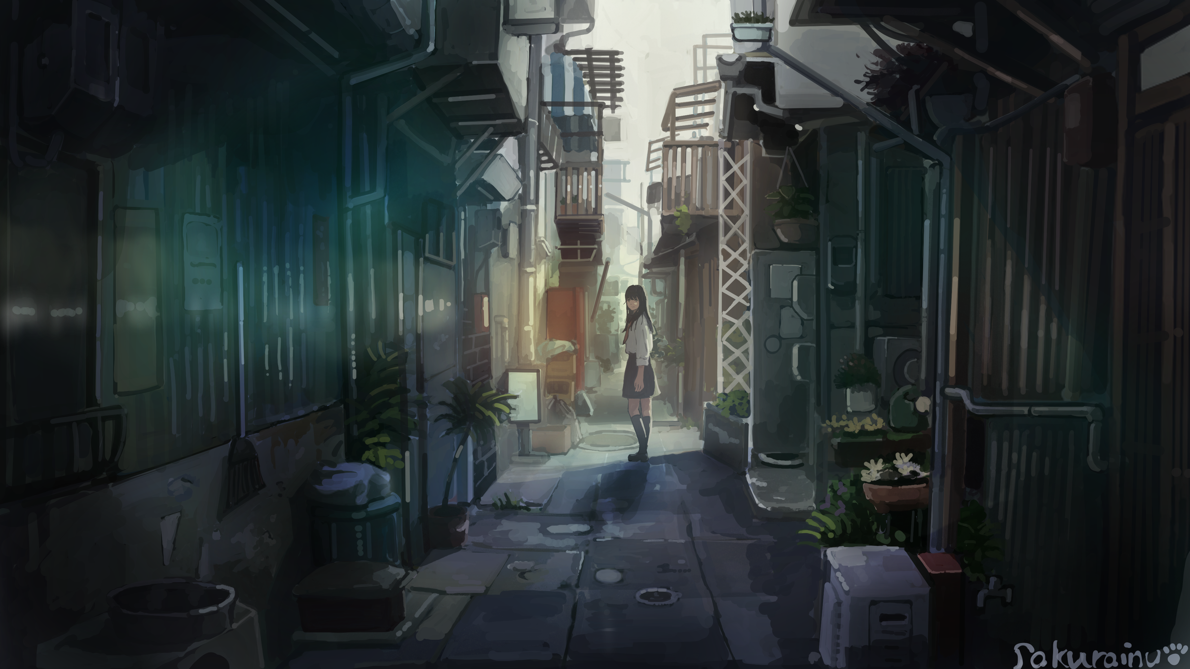 女学生 樱花 原创 人物 动漫 女孩 水手制服 小巷 建筑 城市 素描 插图 AI 壁纸 3840×2160