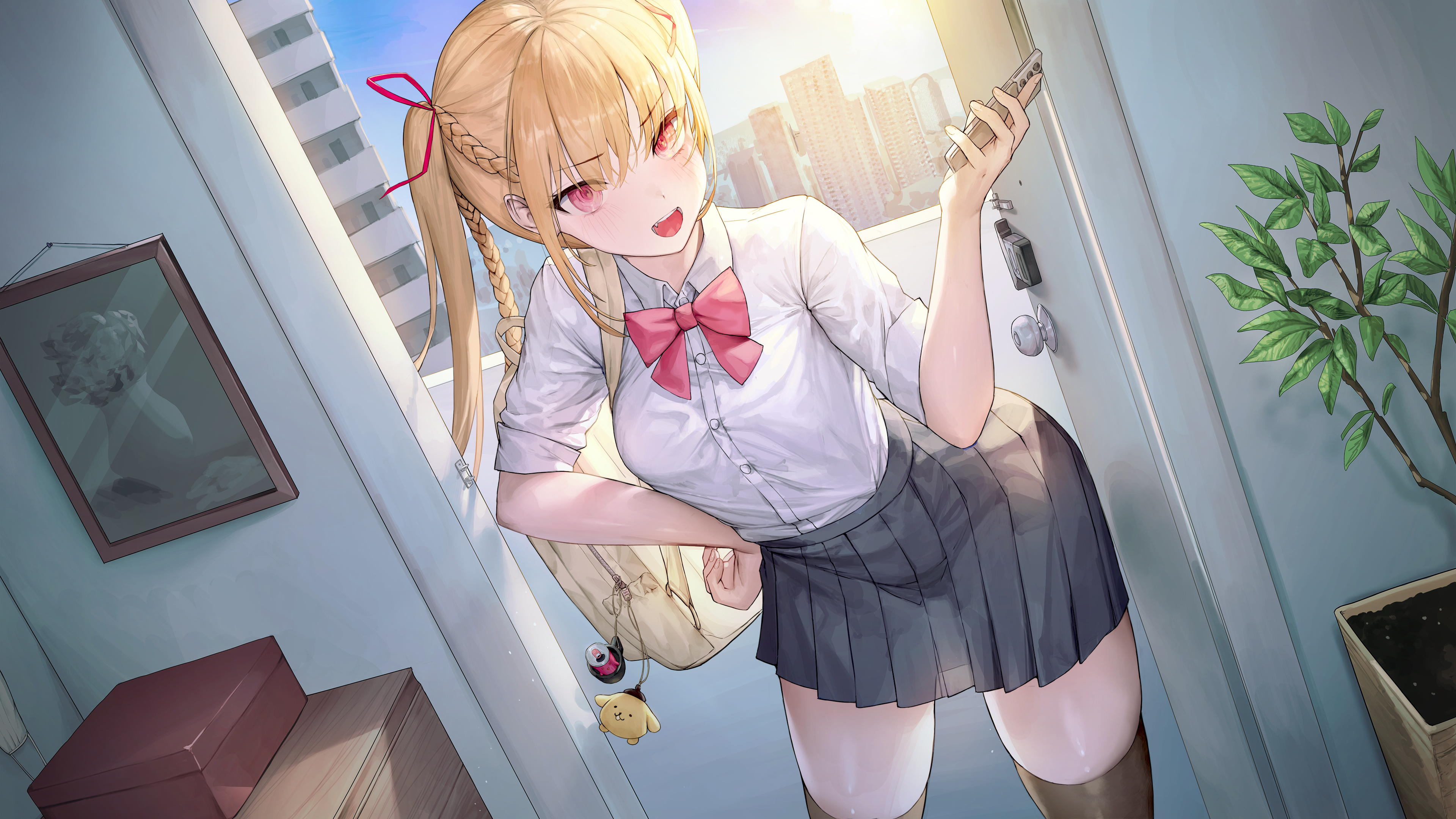 绝美金发 女学生 红眼睛 辫子 动漫 女孩 校服 书包 桌面壁纸 3840×2160