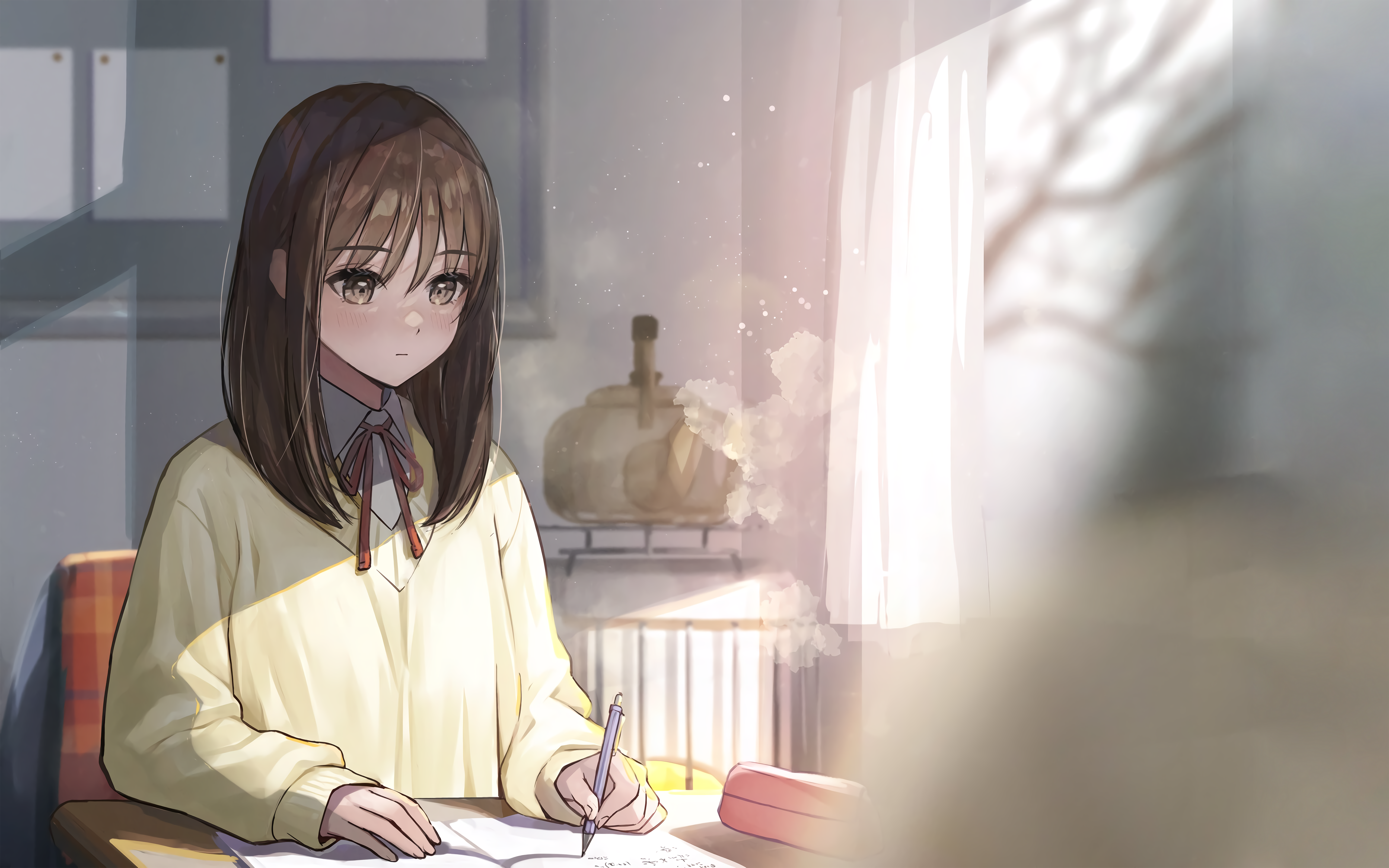 刘海 深色头发 动漫 女孩 写作 棕色眼睛 教室 运动衫 壁纸 5120×3200