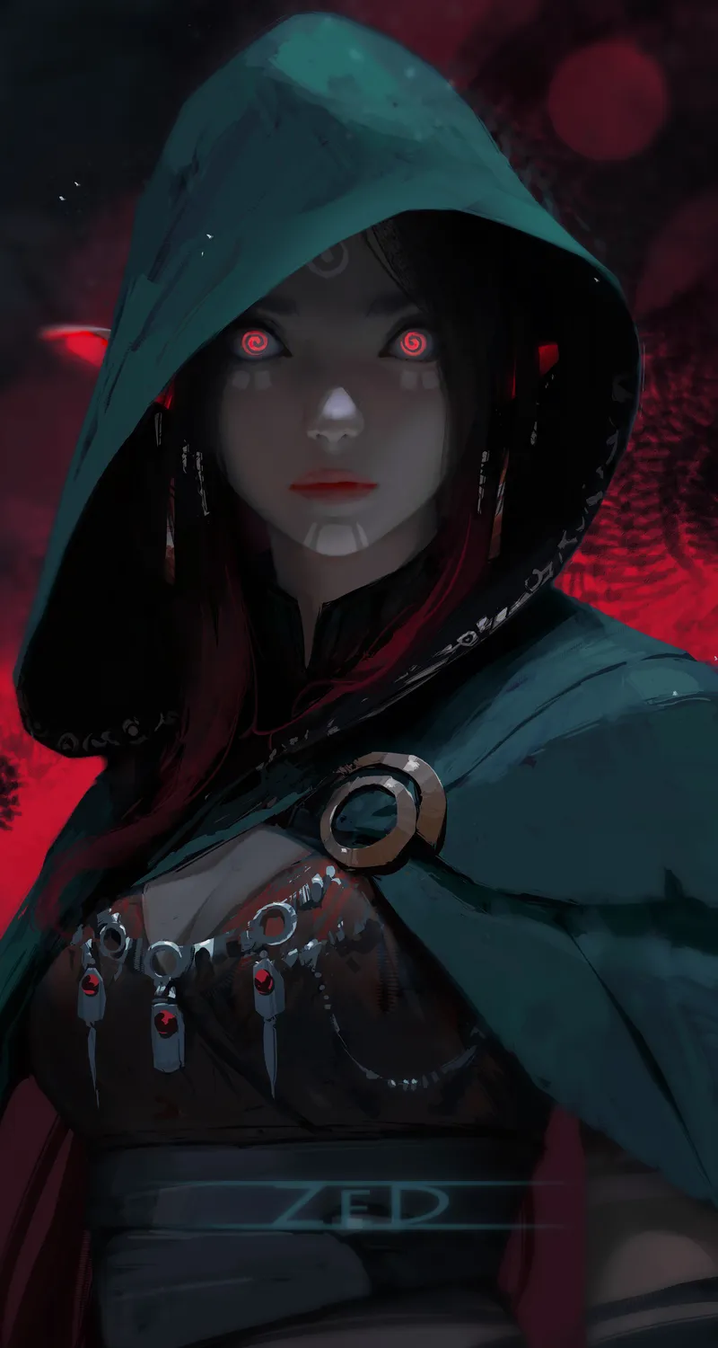春秋 女人 红眼 绘画 兜帽 兽耳 披肩 红色 肖像 手机 壁纸 3840×5254