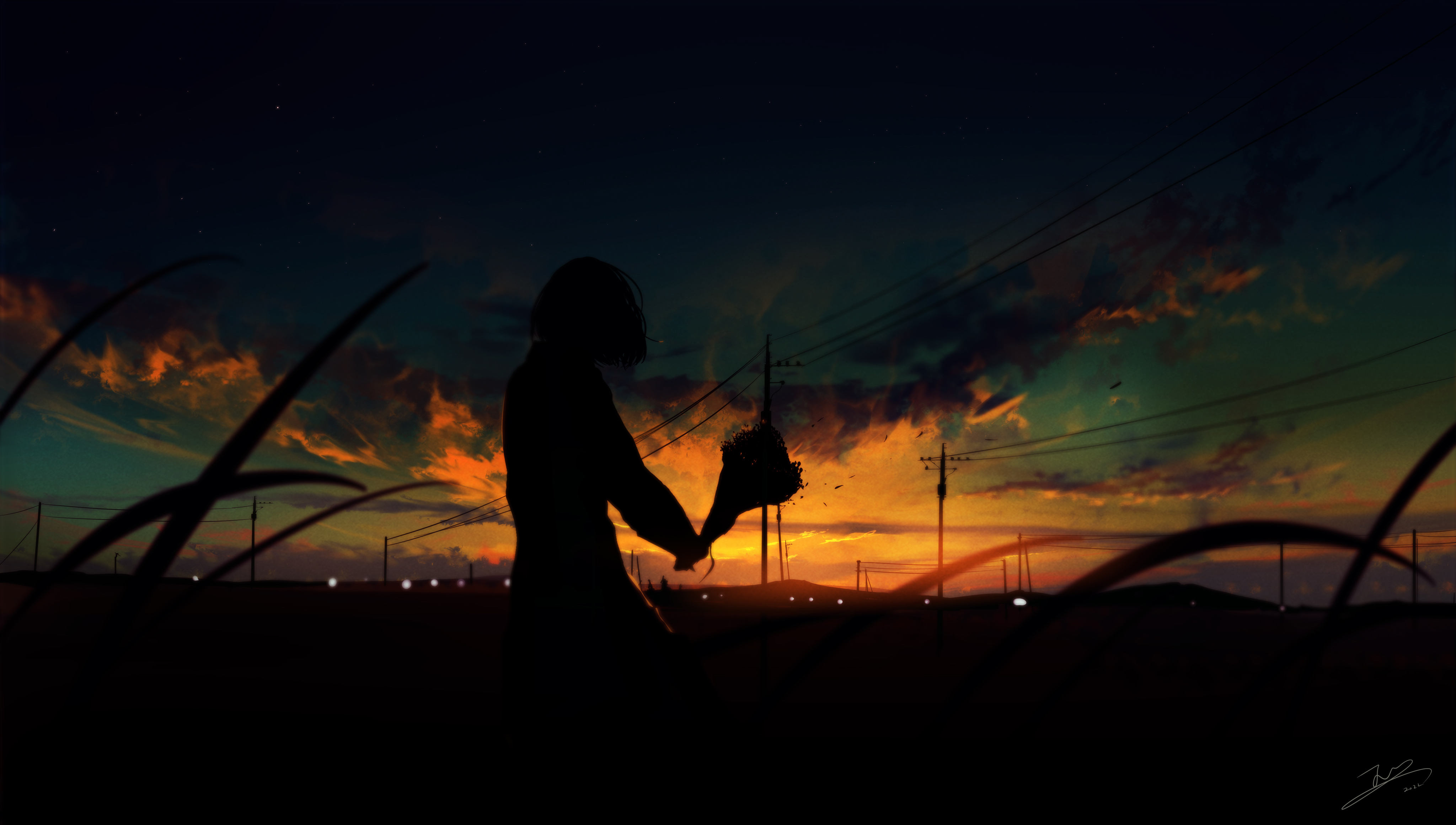 超清幻想 女孩 景观 黄昏 日落 剪影 花束 桌面壁纸 4096×2320