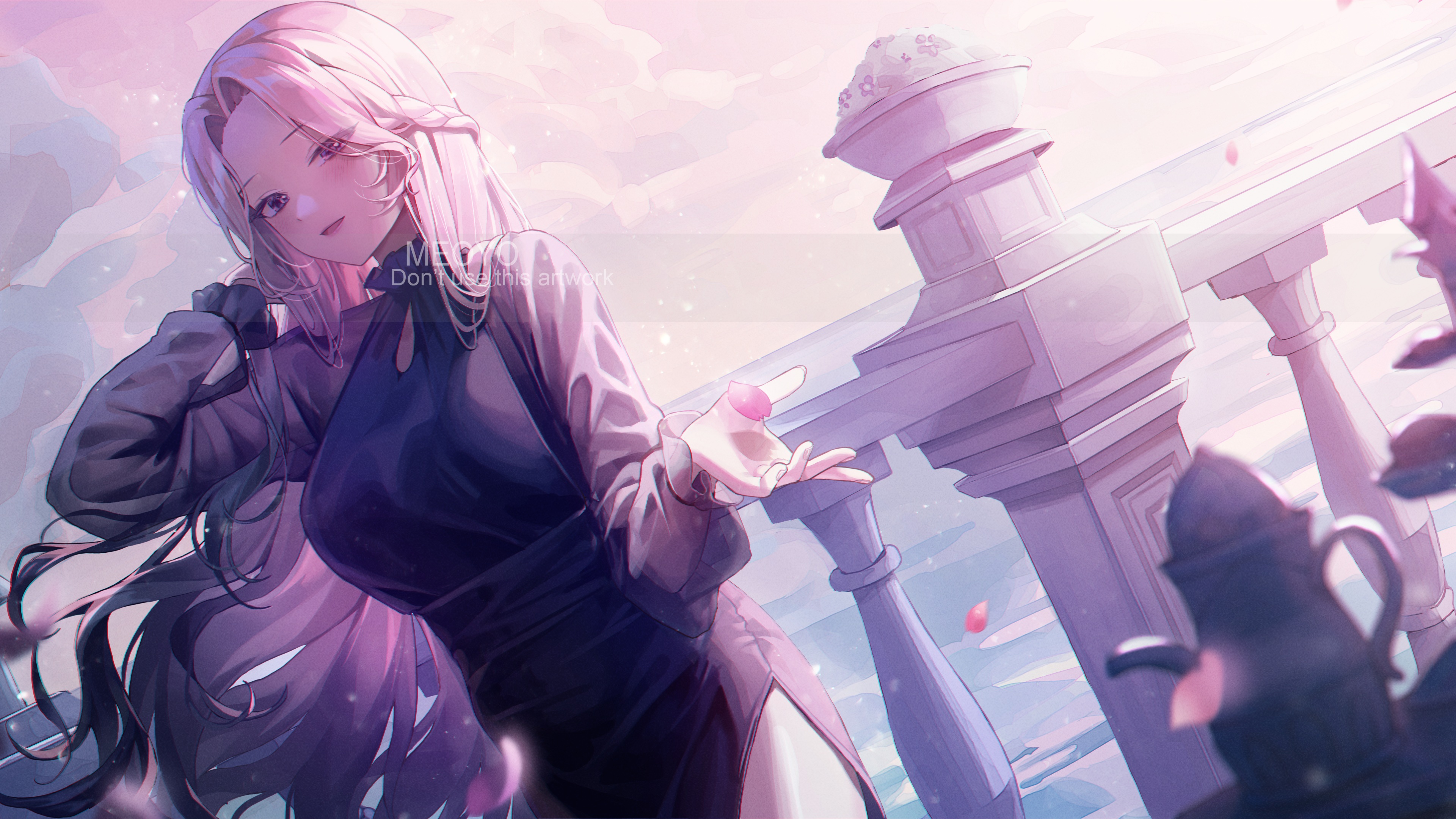 超清动漫 女孩 粉色 长发 海边 微风 花瓣 高清壁纸 3840×2160