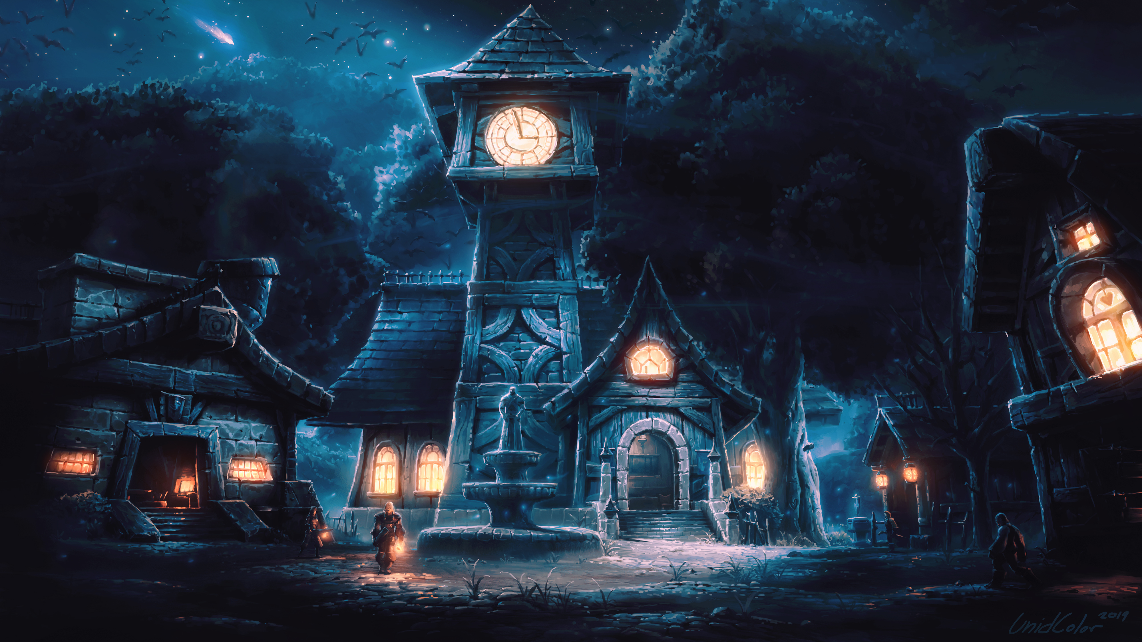 唯美AI艺术 奇幻艺术 电子游戏 艺术 魔兽 魔兽世界 风景 城镇 塔 钟楼 灯 夜 天空 树 自然 星星 彗星 黑暗 木材 黄昏 高清壁纸 4000×2250