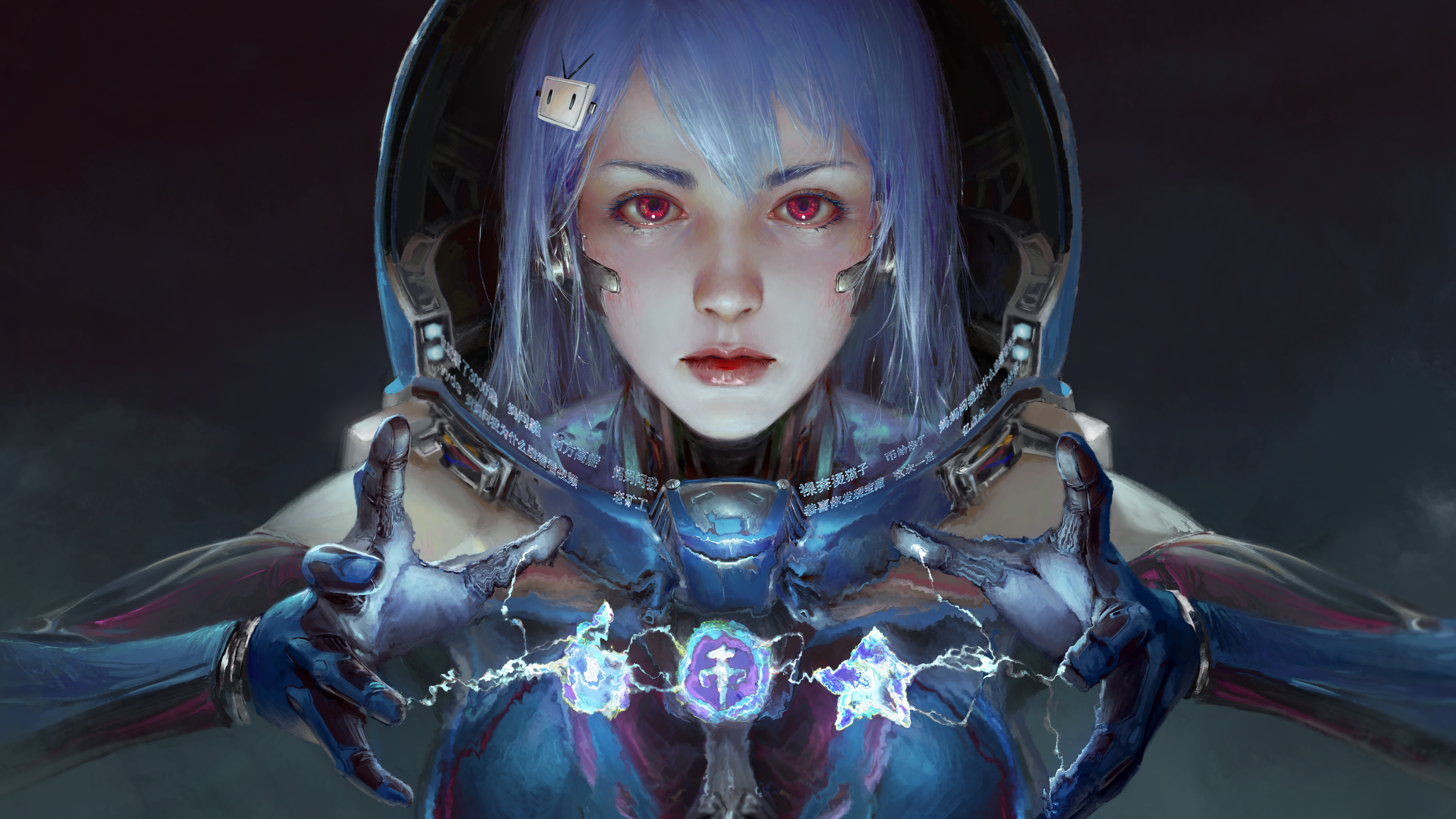 热门梦幻 女孩 蓝头发 红眼睛 画 高清壁纸 8889×5000