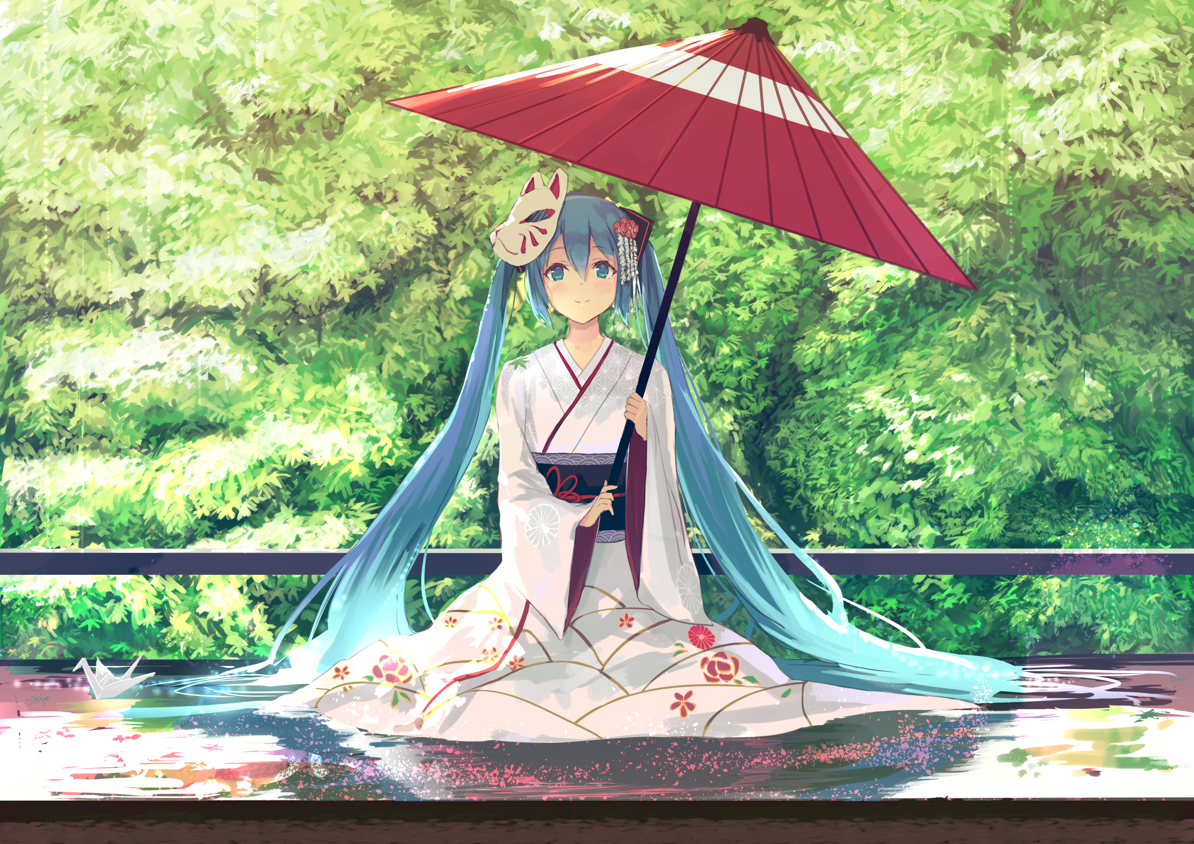 长发 动漫 女孩 元音 双尾 初音 伞 和服 面具 壁纸 4093×2894