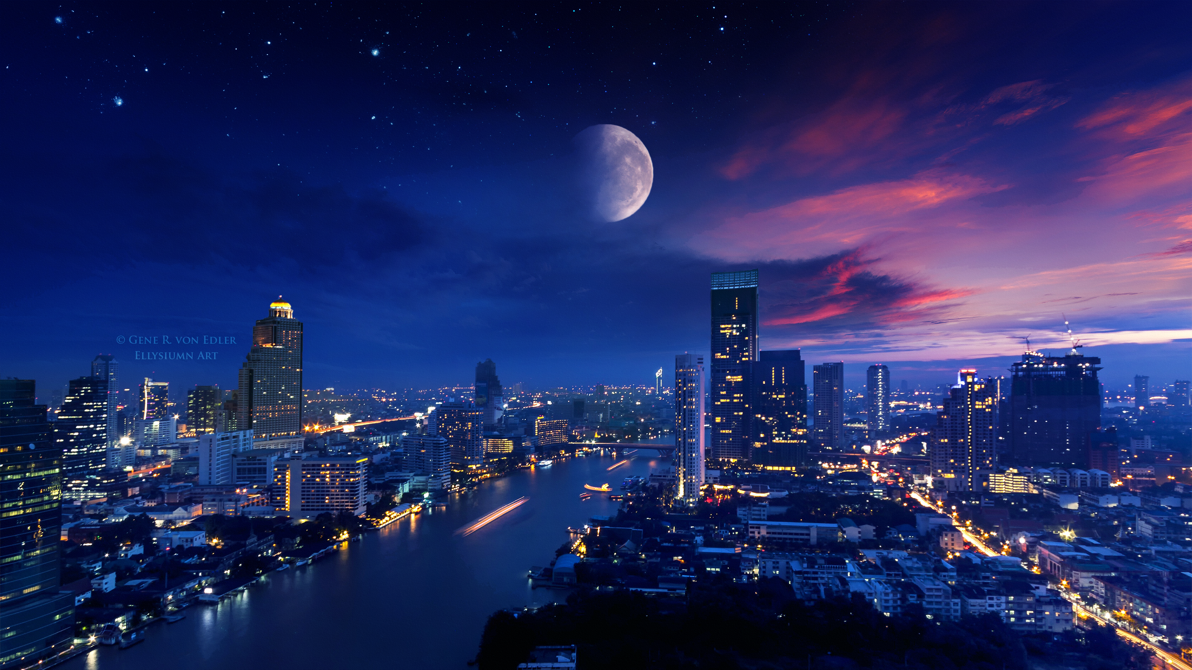 热门风景 城市 景观 月亮 灯光 AI艺术 夜晚 建筑 手机壁纸 3840×2160