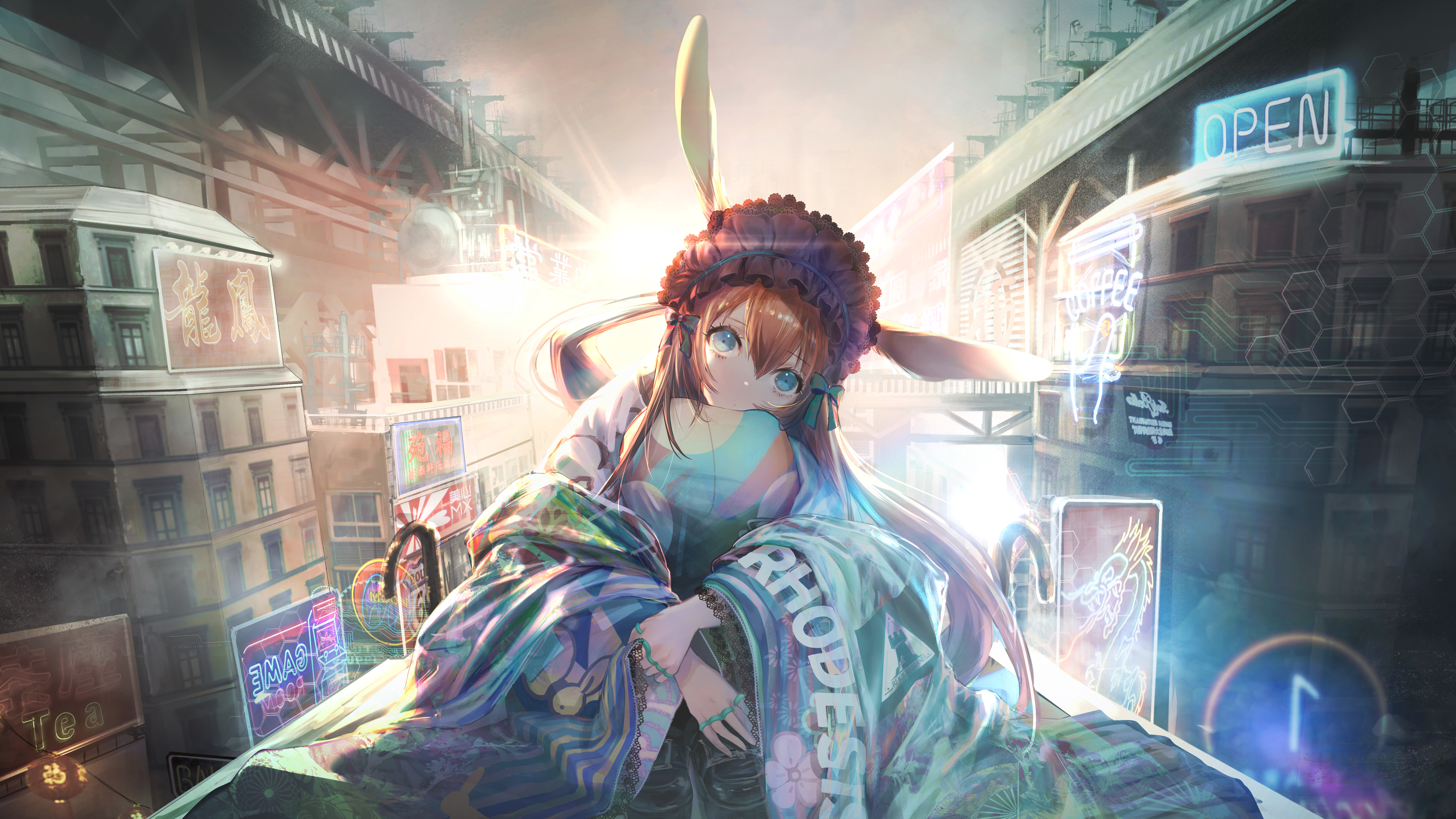 热门长发 深色头发 蓝眼睛 抱膝 动漫 女孩 武士 阿米亚 兔耳朵 城市 霓虹灯 桥 服装 兔子 高清壁纸 6442×3624