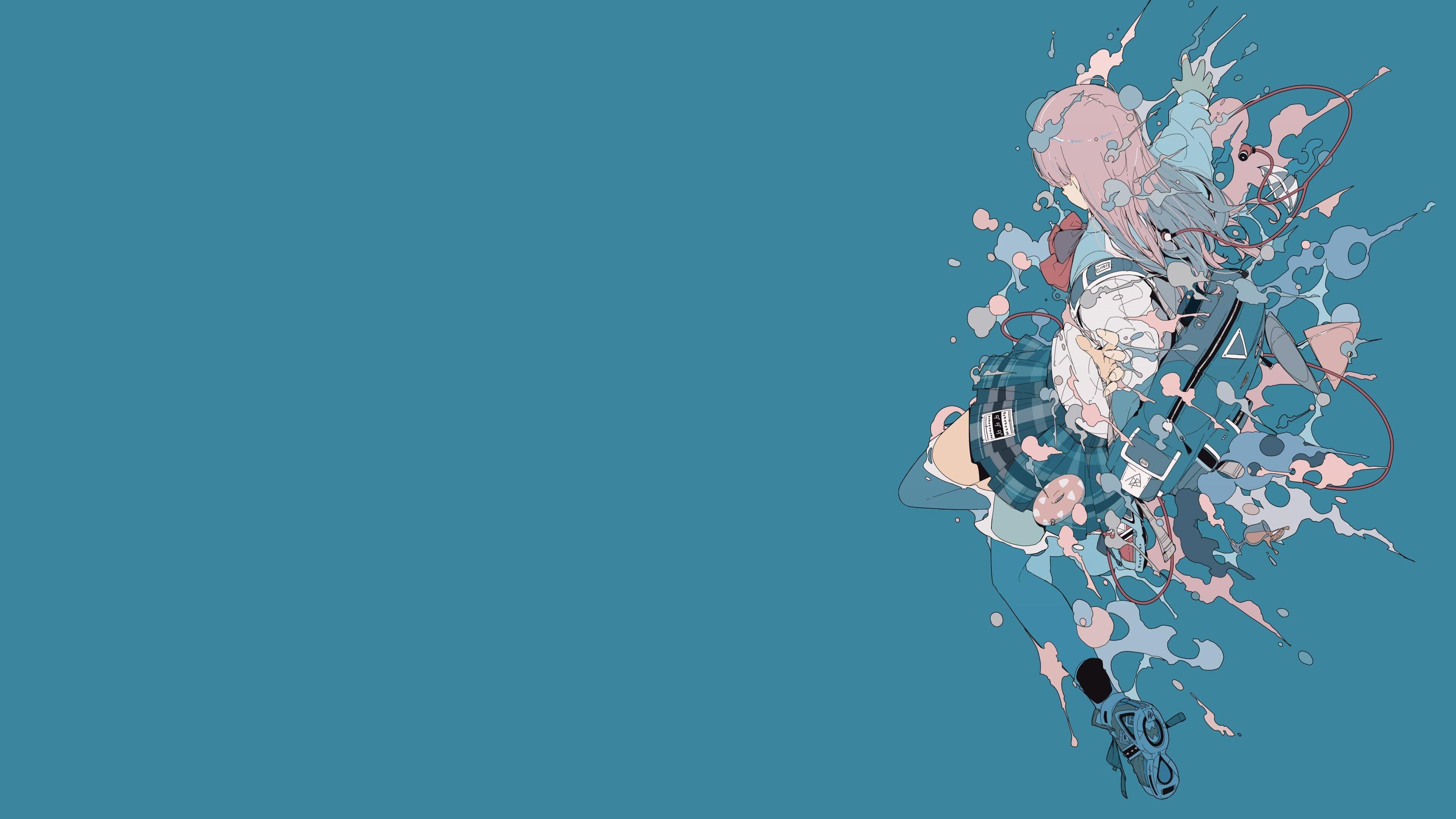 热门原创 人物 动漫 女孩 简单背景 蓝色背景 极简主义 背包 水 壁纸 3840×2160