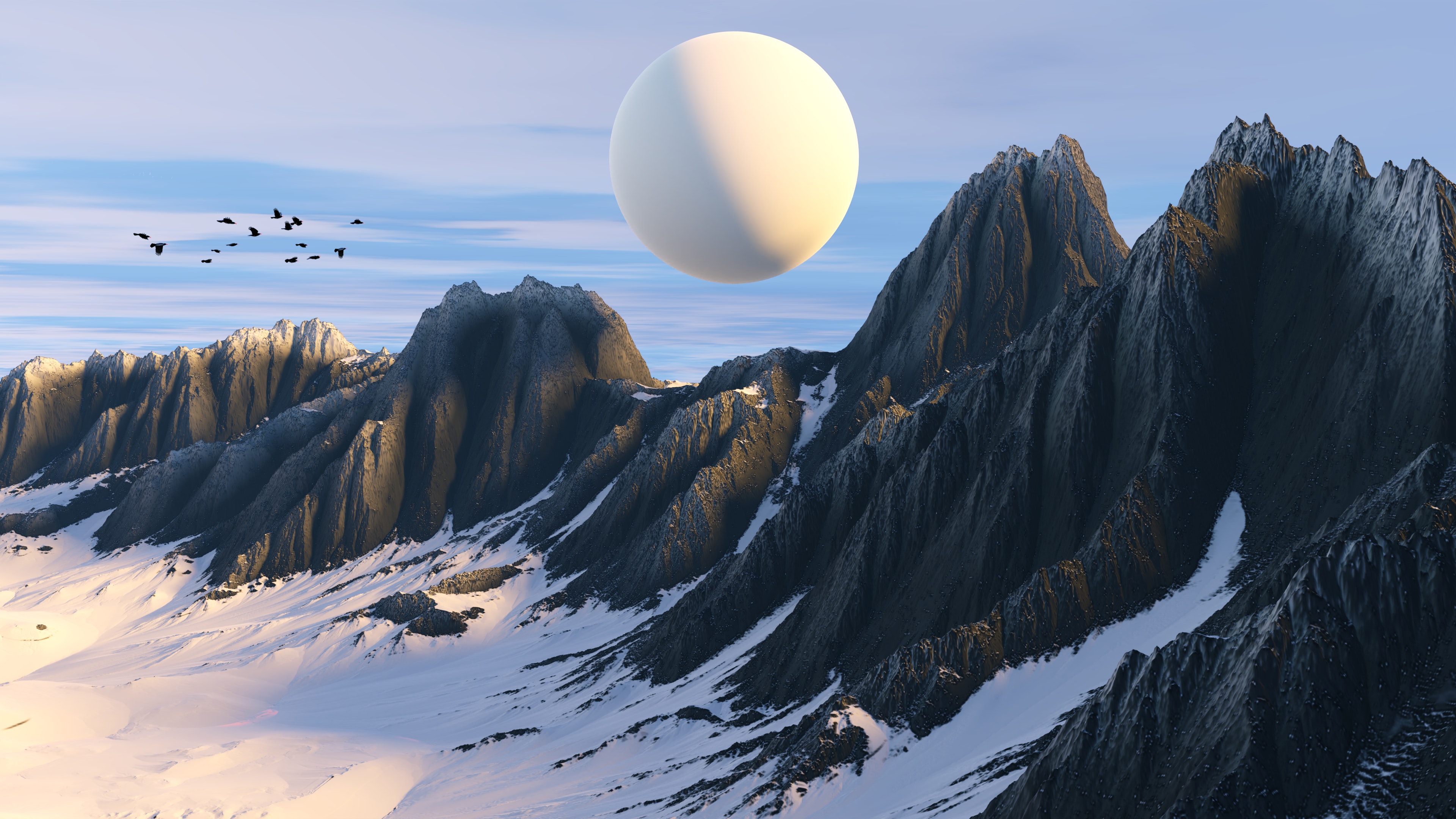 超清AI艺术 插图 山 风景 雪 行星 抽象 自然 鸟类 手机壁纸 3840×2160