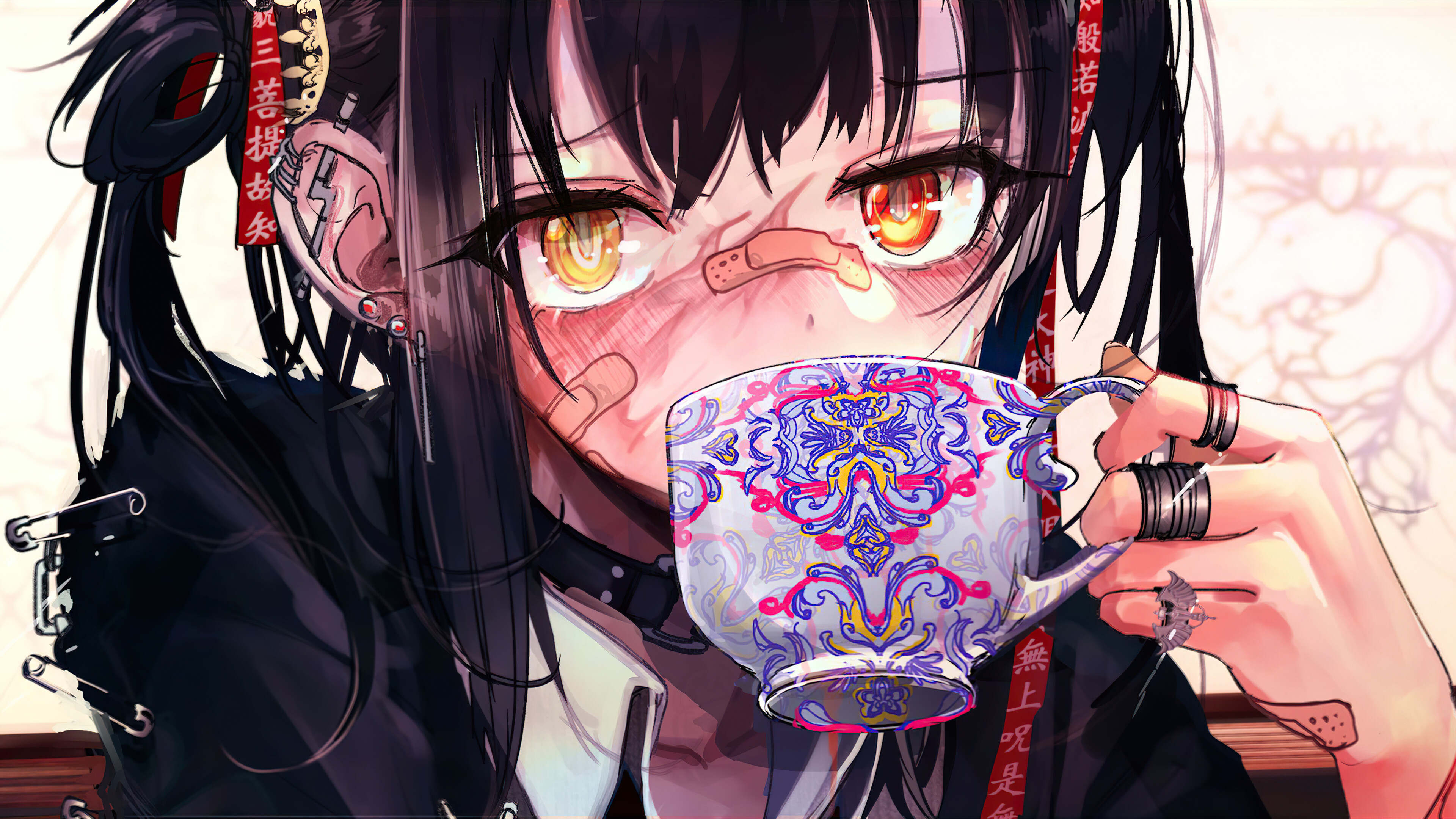 精选动漫 女孩 AI艺术 黄眼睛 茶 绷带 无水印壁纸 3840×2160