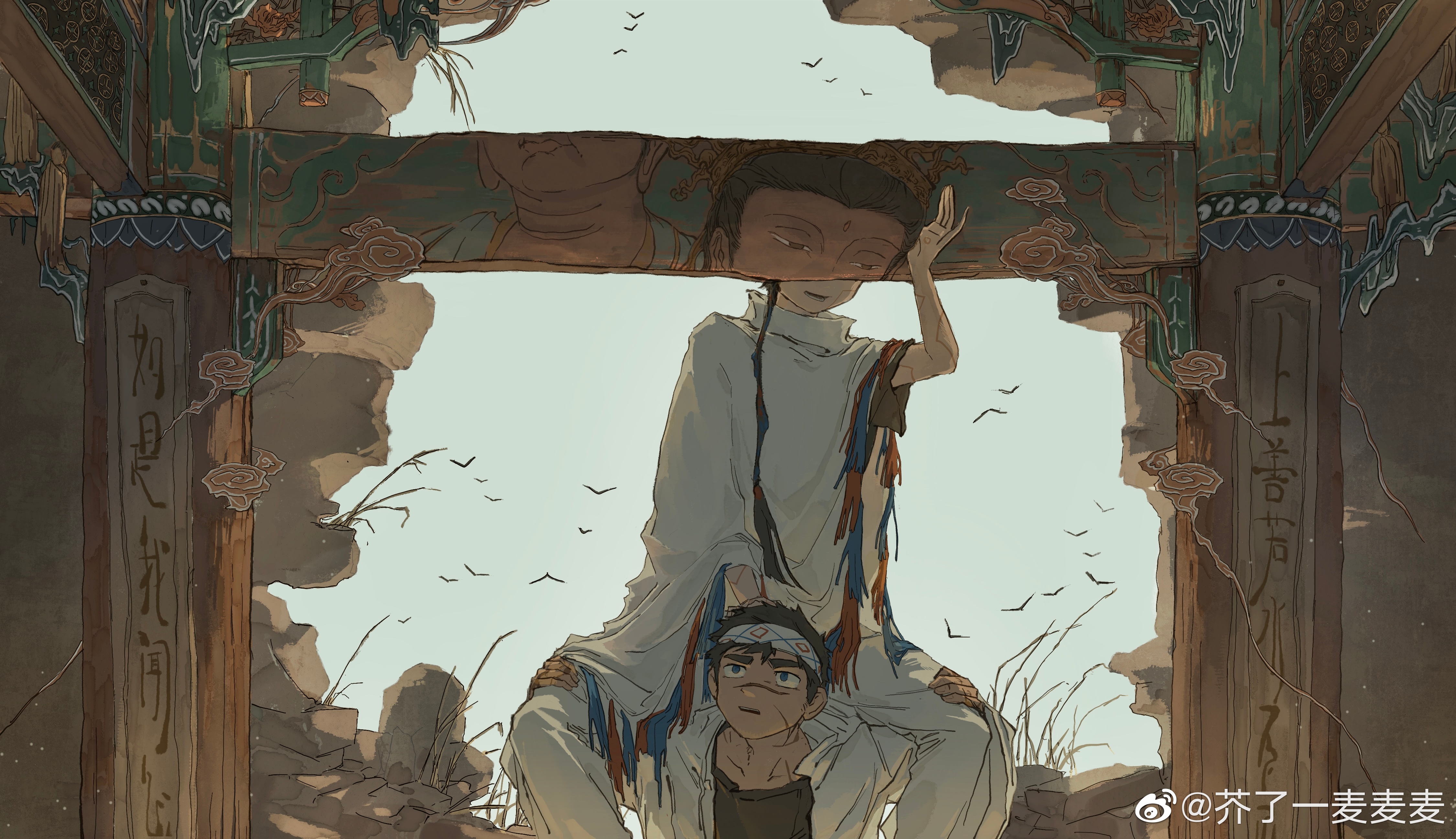 儿童 宗教 疤痕 木材 头带 动漫 男孩 AI艺术 壁纸 4500×2593