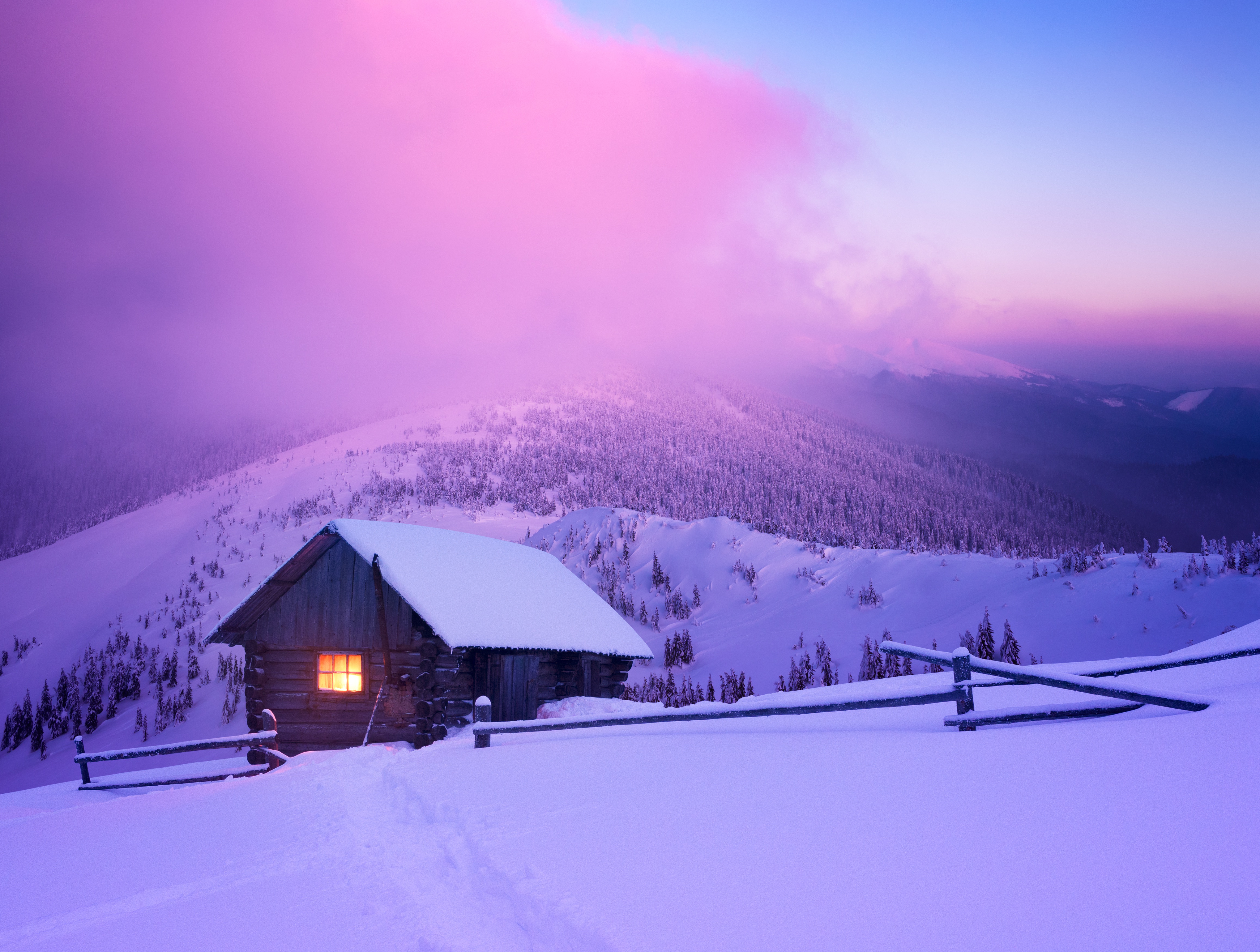冬天 雪 房子 山 森林 栅栏 灯光 日落 天空 云 自然 风景 小屋 壁纸 4633×3500