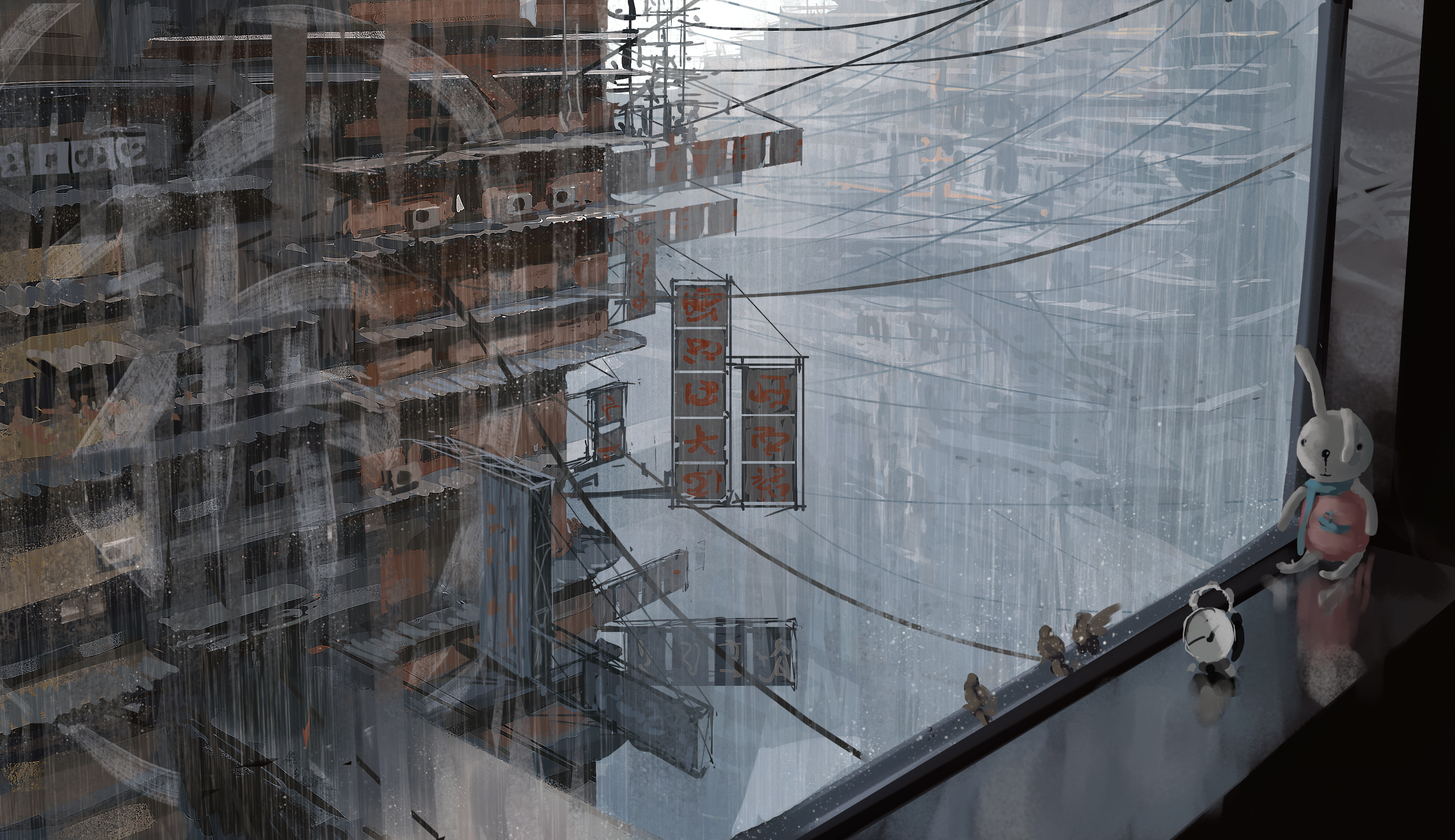 建筑 玩偶 闹钟 雨 电线 壁纸 4000×2310