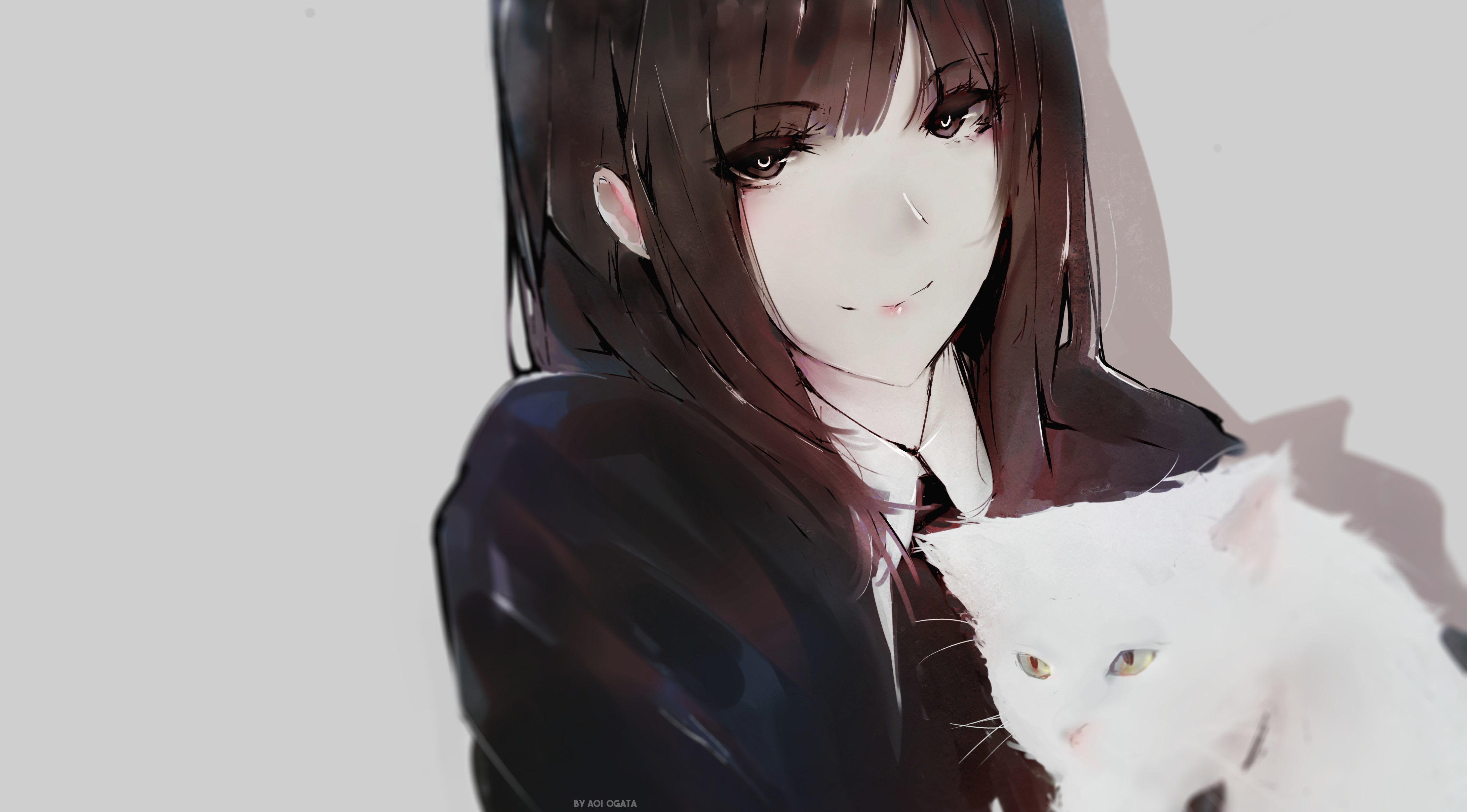 绚丽黑发 脸蛋 动漫 女孩 肖像 猫 动物 无水印壁纸 4363×2416