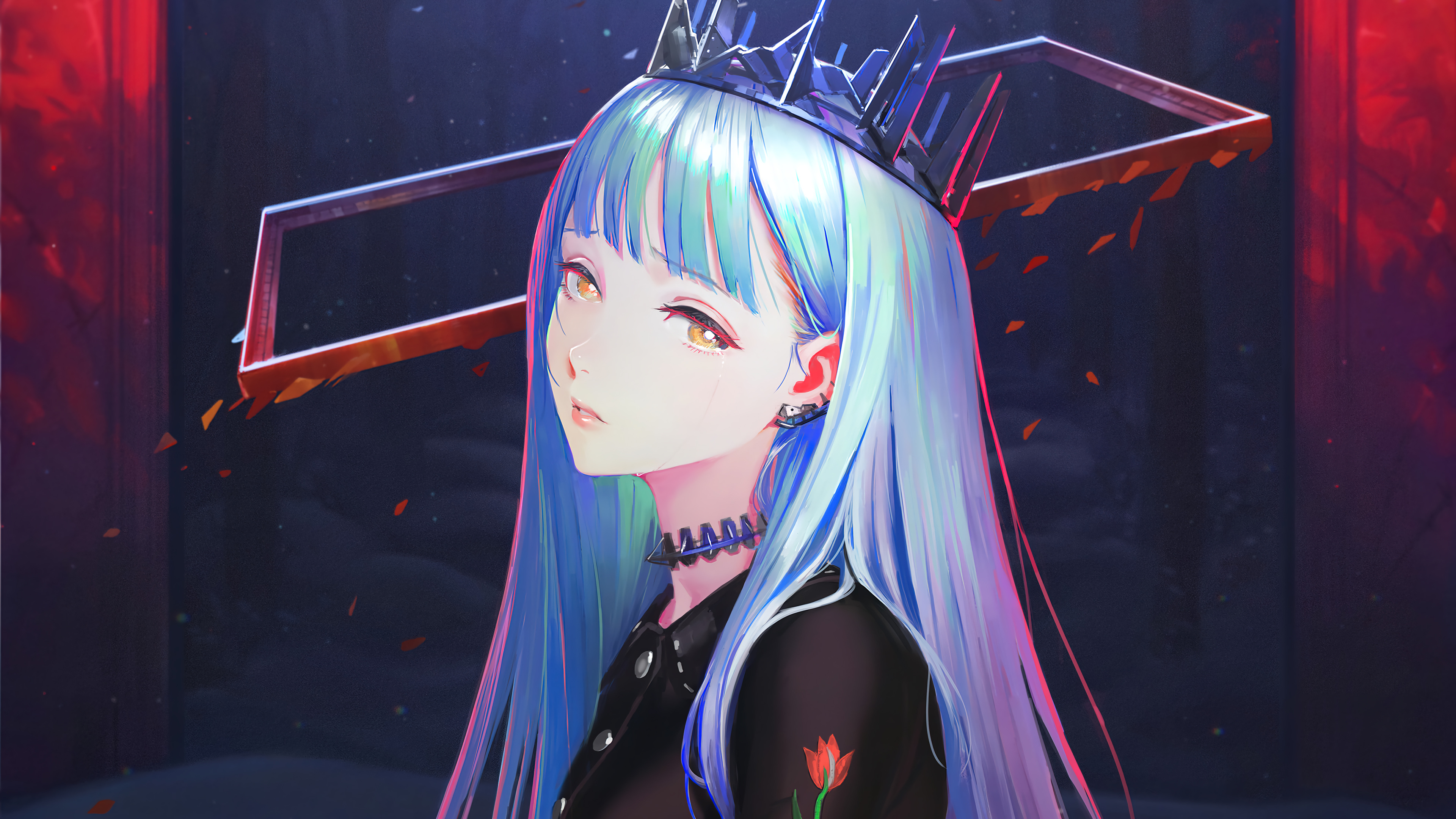 唯美横山 蓝头发 动漫 女孩 皇冠 修剪 黄色眼睛 壁纸 3840×2160
